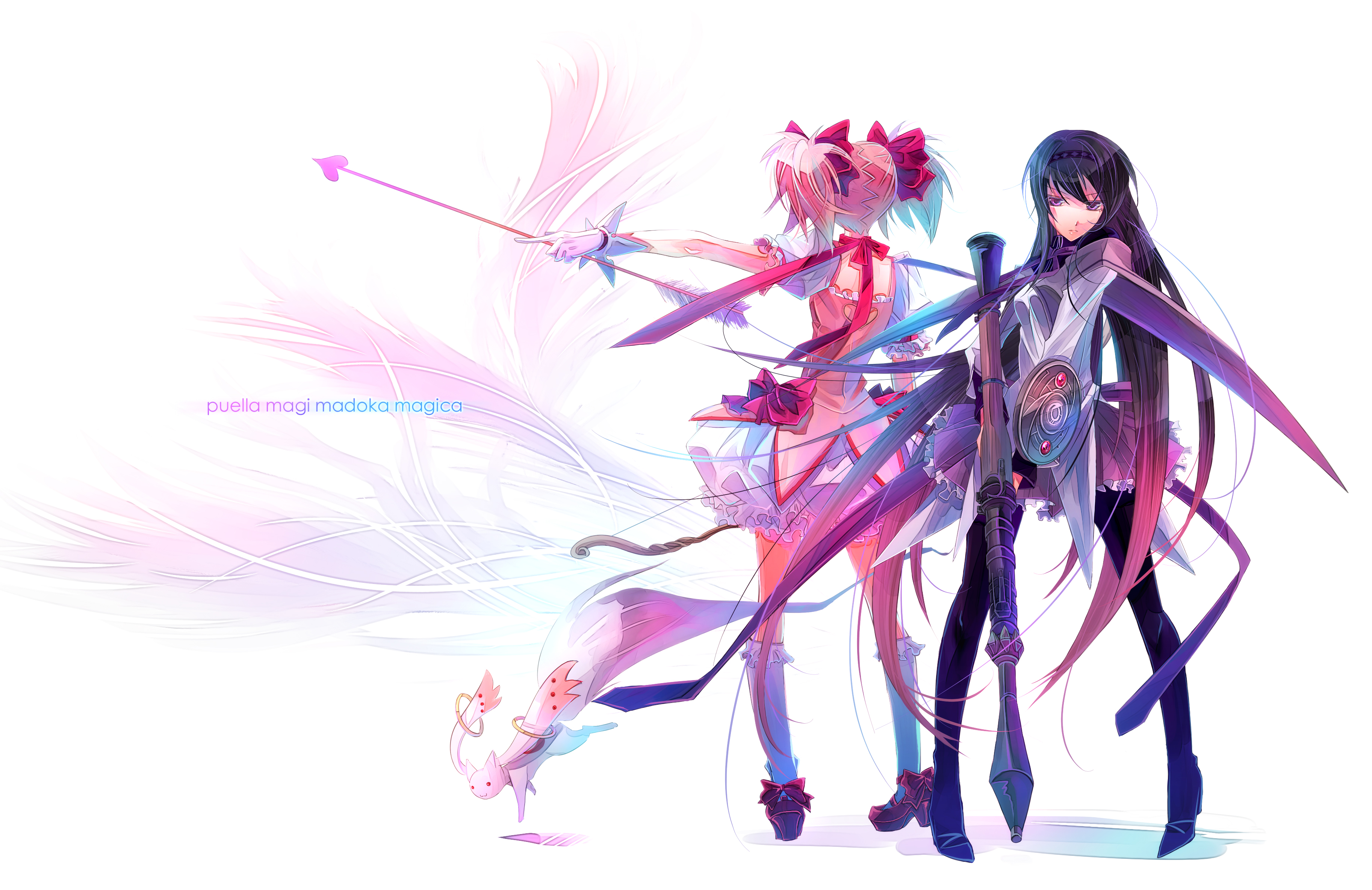 Madoka Magica characters Homura Akemi and Madoka Kaname with Kyubey HD Wallpaper
