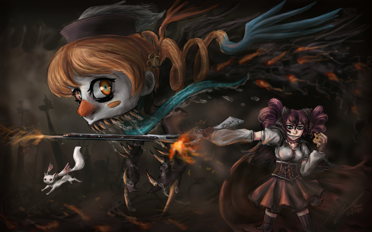 Kyubey and girl with gun in dark fantasy setting HD Wallpaper