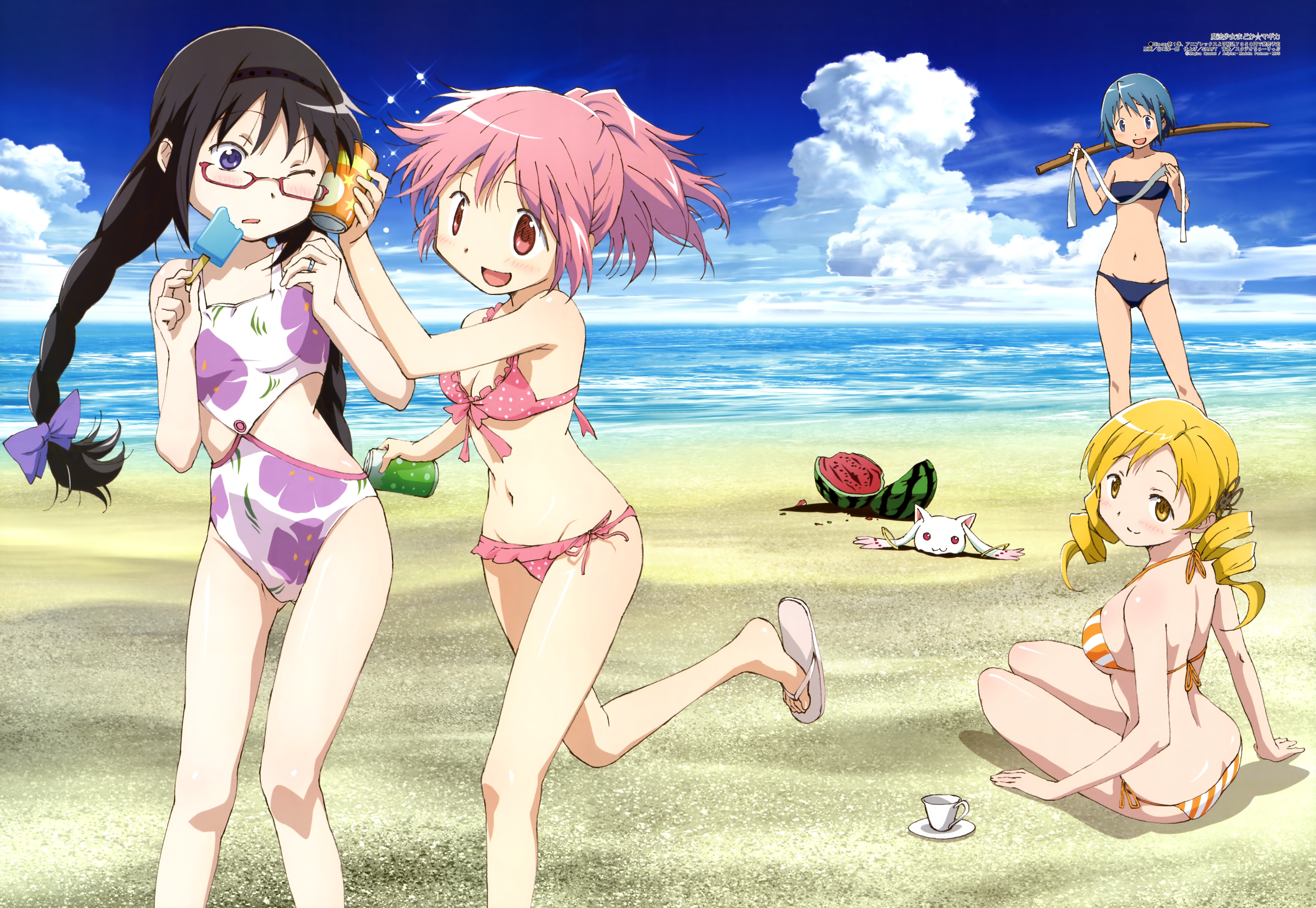 Puella Magi Madoka Magica characters at the beach HD Wallpaper