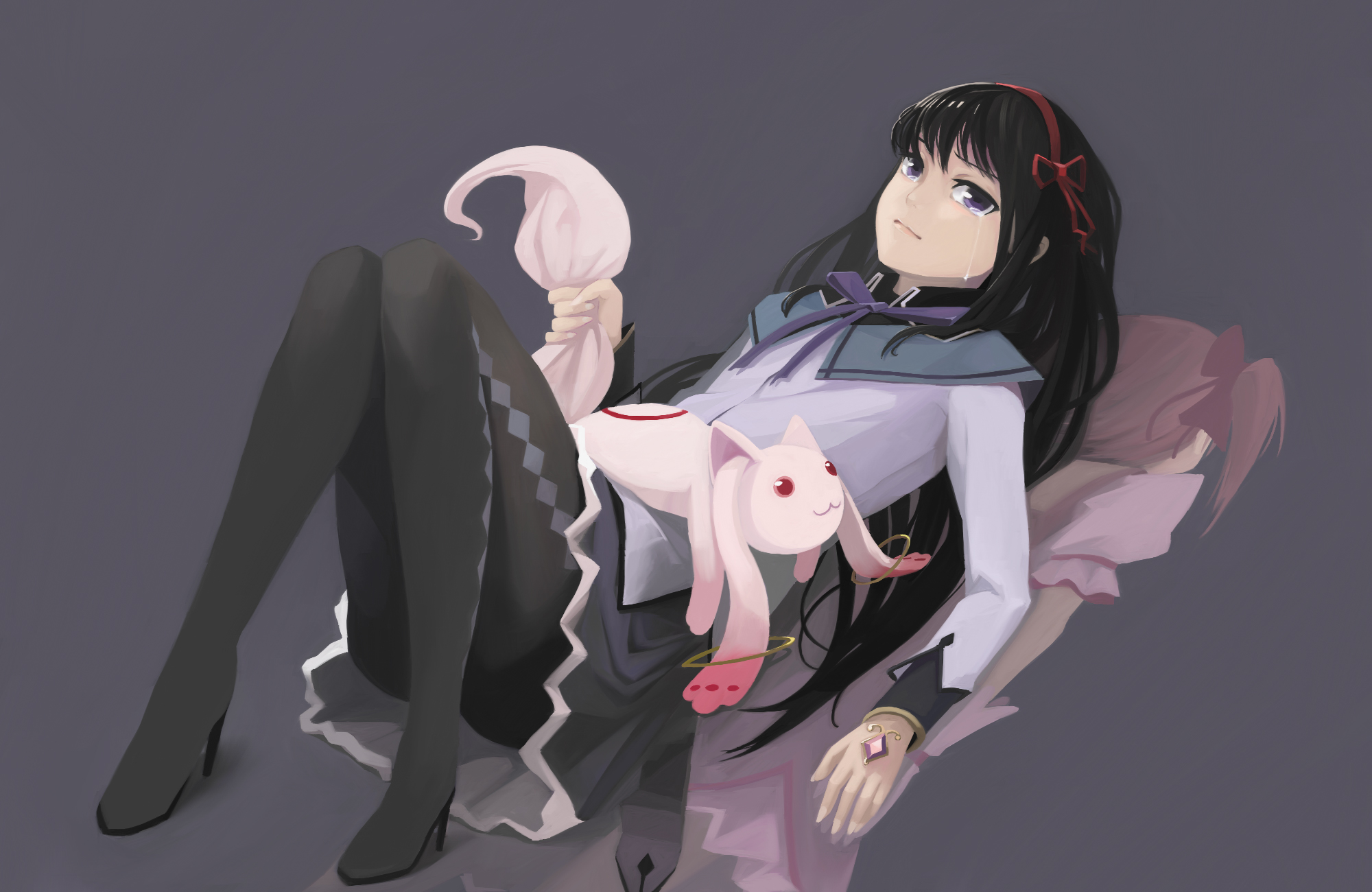 Homura Akemi with Kyubey from Puella Magi Madoka Magica HD Wallpaper