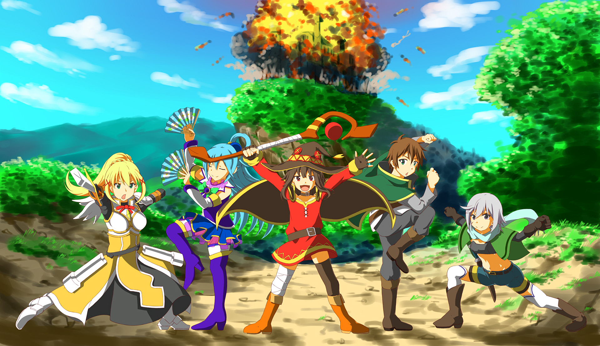 Konosuba characters in front of an explosion HD Wallpaper