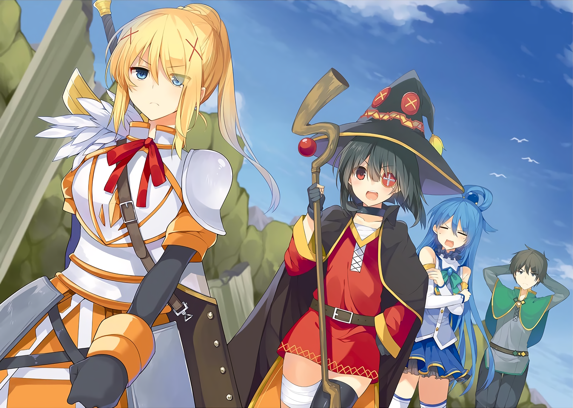 Darkness, Megumin, Aqua, and Kazuma from KonoSuba HD Wallpaper