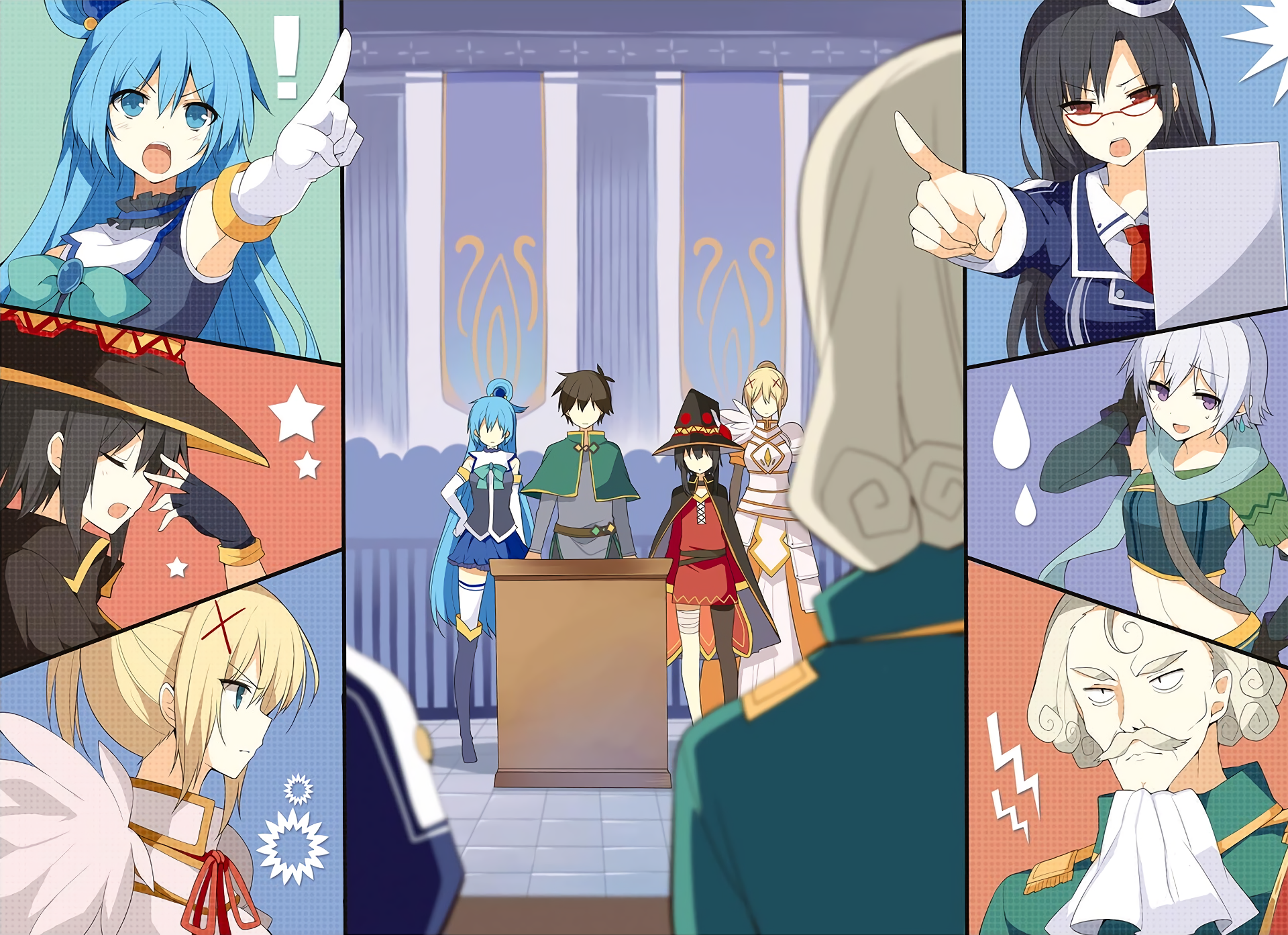 Aqua, Kazuma, Megumin, Darkness, and Yunyun from KonoSuba in a courtroom HD Wallpaper