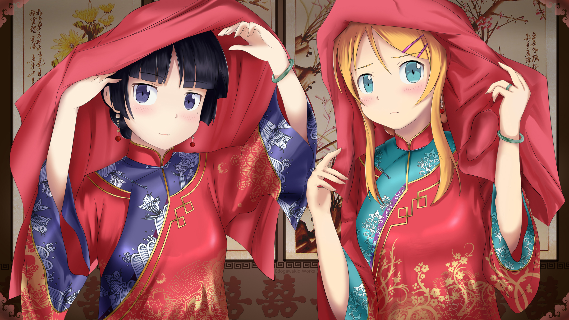 Two girls in traditional Chinese dresses HD Wallpaper