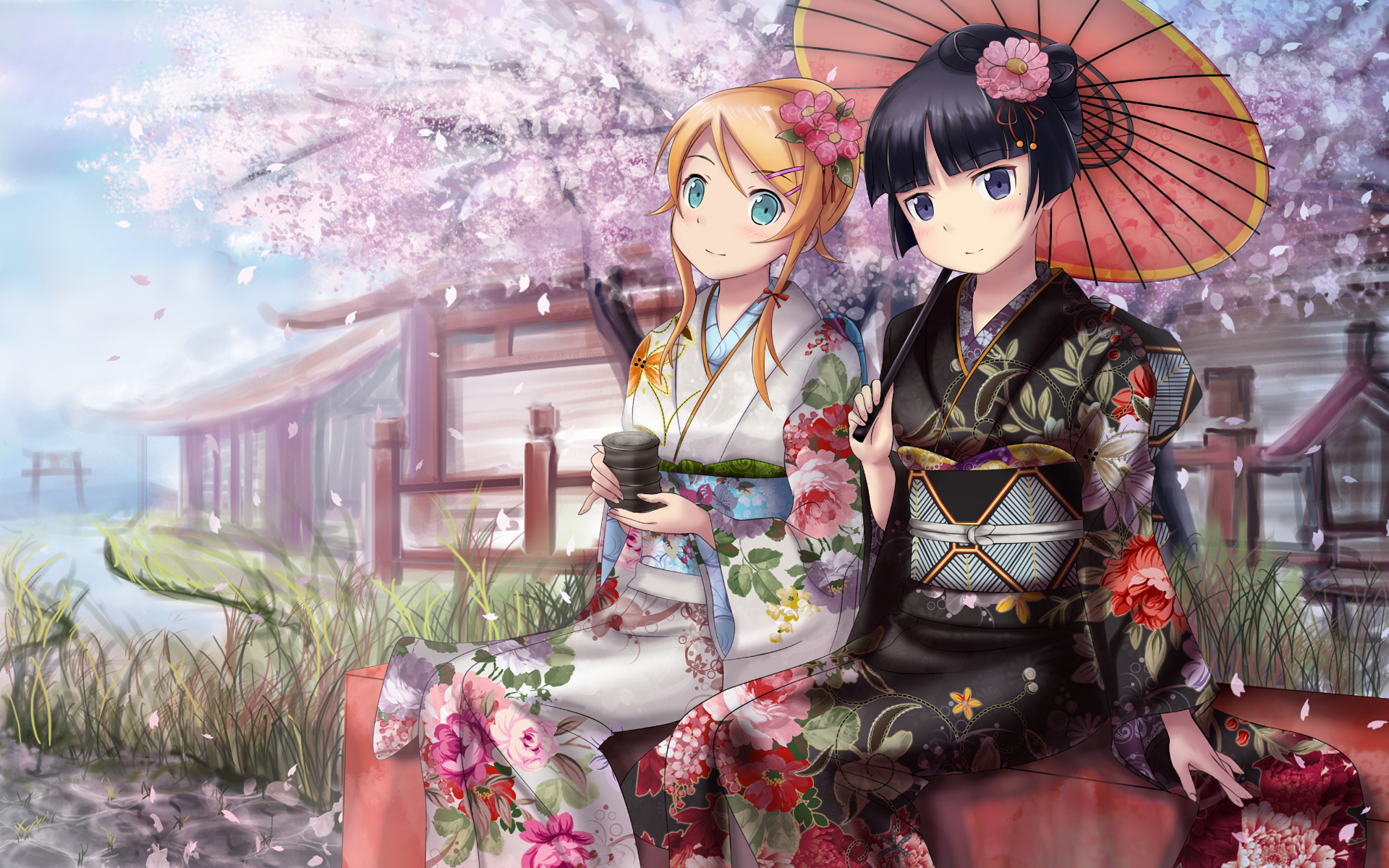 Two girls in kimonos under cherry blossoms HD Wallpaper