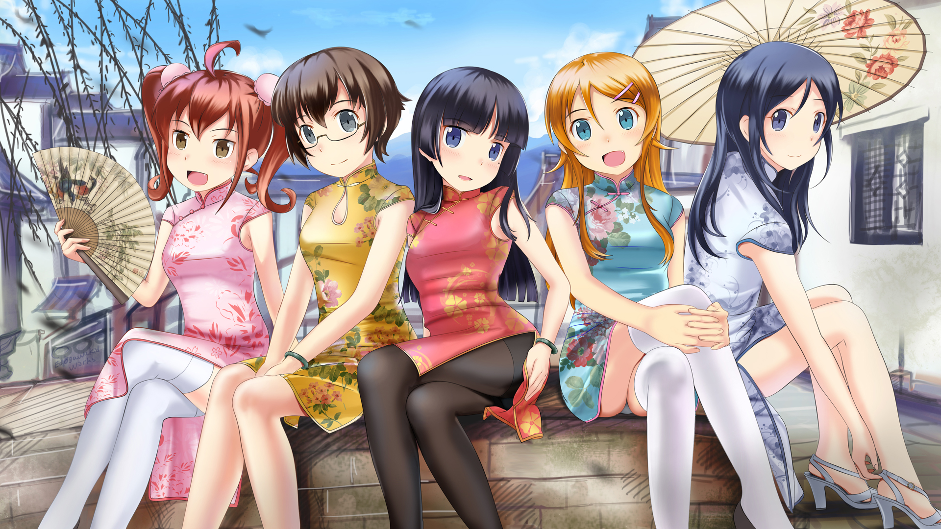 Five anime girls in traditional Chinese dresses HD Wallpaper