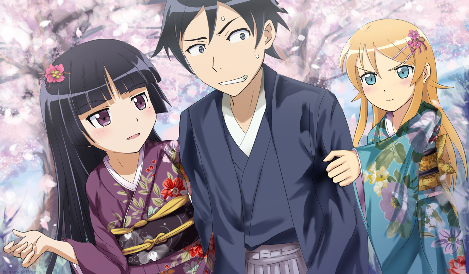 Kirino Kousaka and two others in kimonos HD Wallpaper