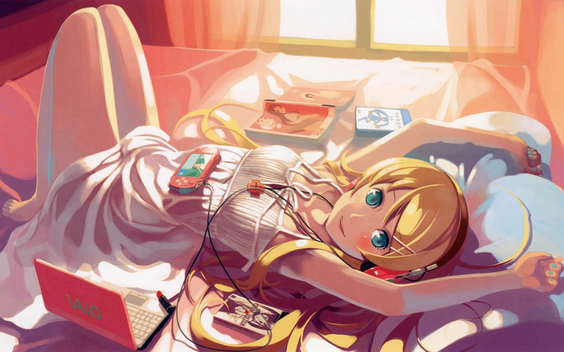Kirino Kousaka lying on a bed with electronics HD Wallpaper
