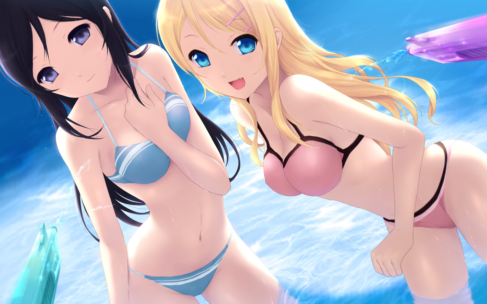 Two anime girls in bikinis at the beach HD Wallpaper