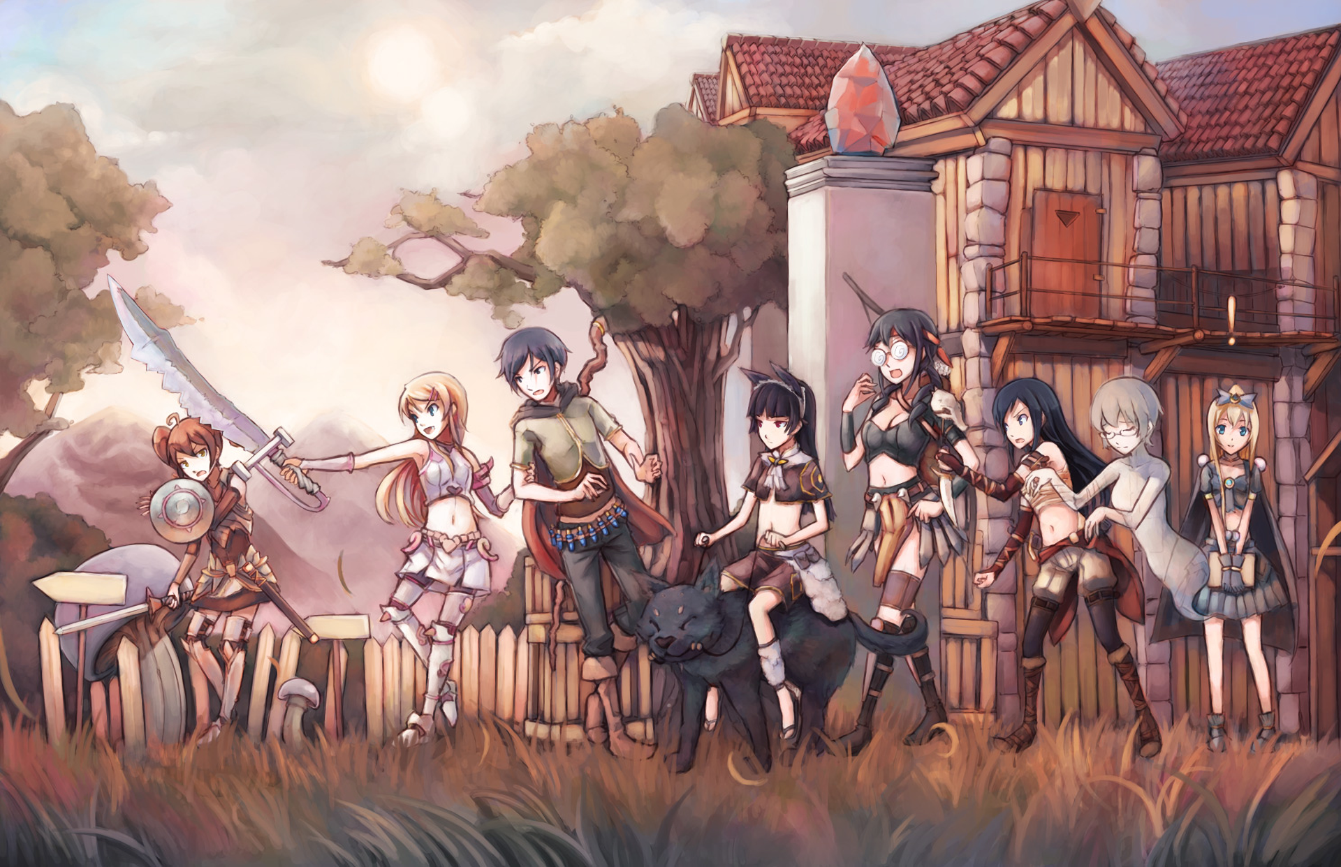 Group of adventurers and a black panther in front of a building HD Wallpaper