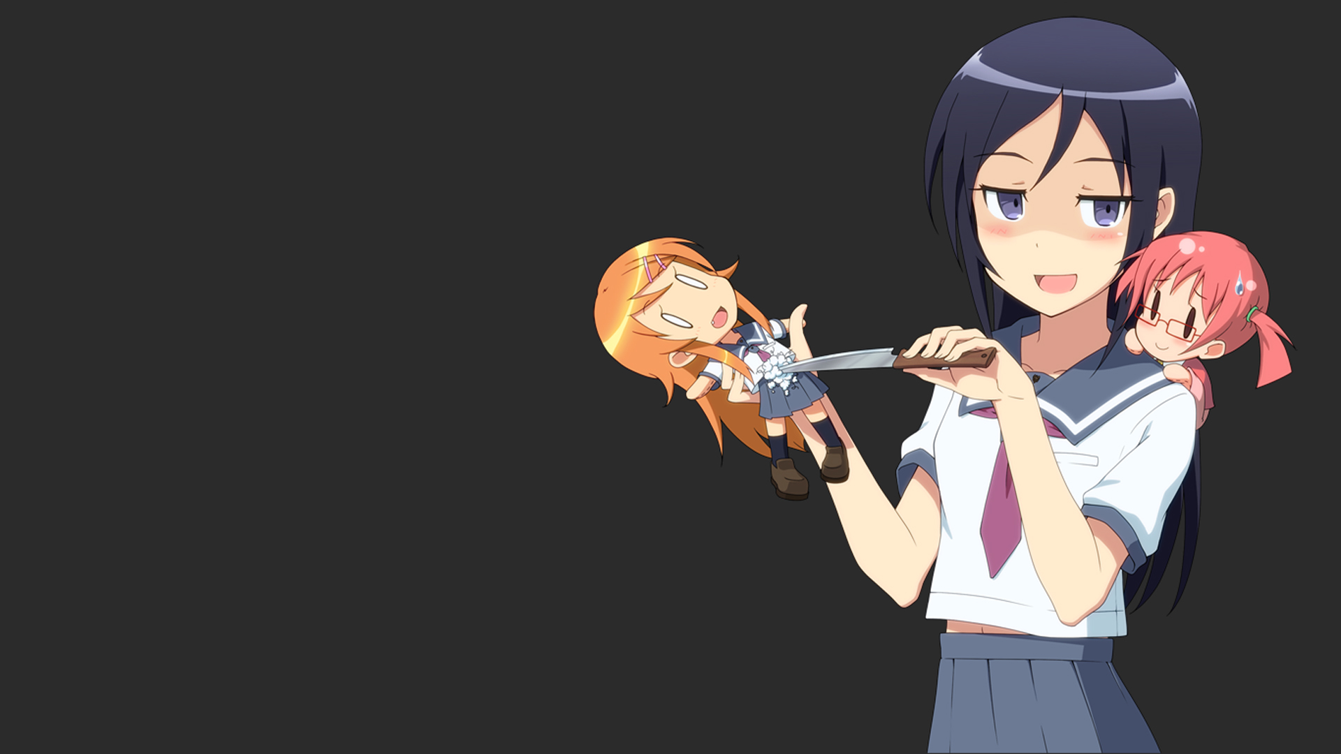 Anime girl holding a knife to a doll HD Wallpaper