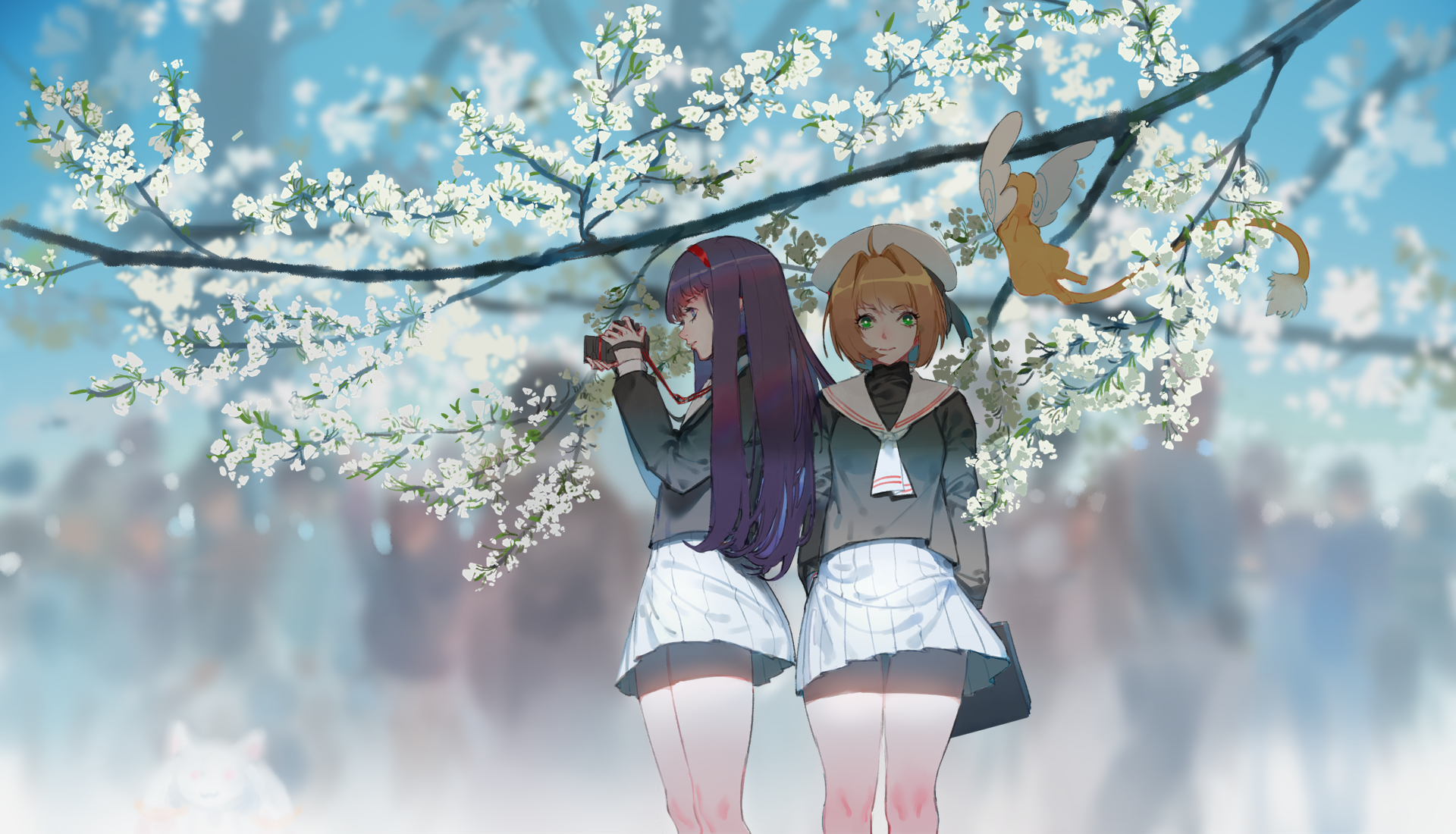 Two girls and Keroberos under cherry blossoms HD Wallpaper