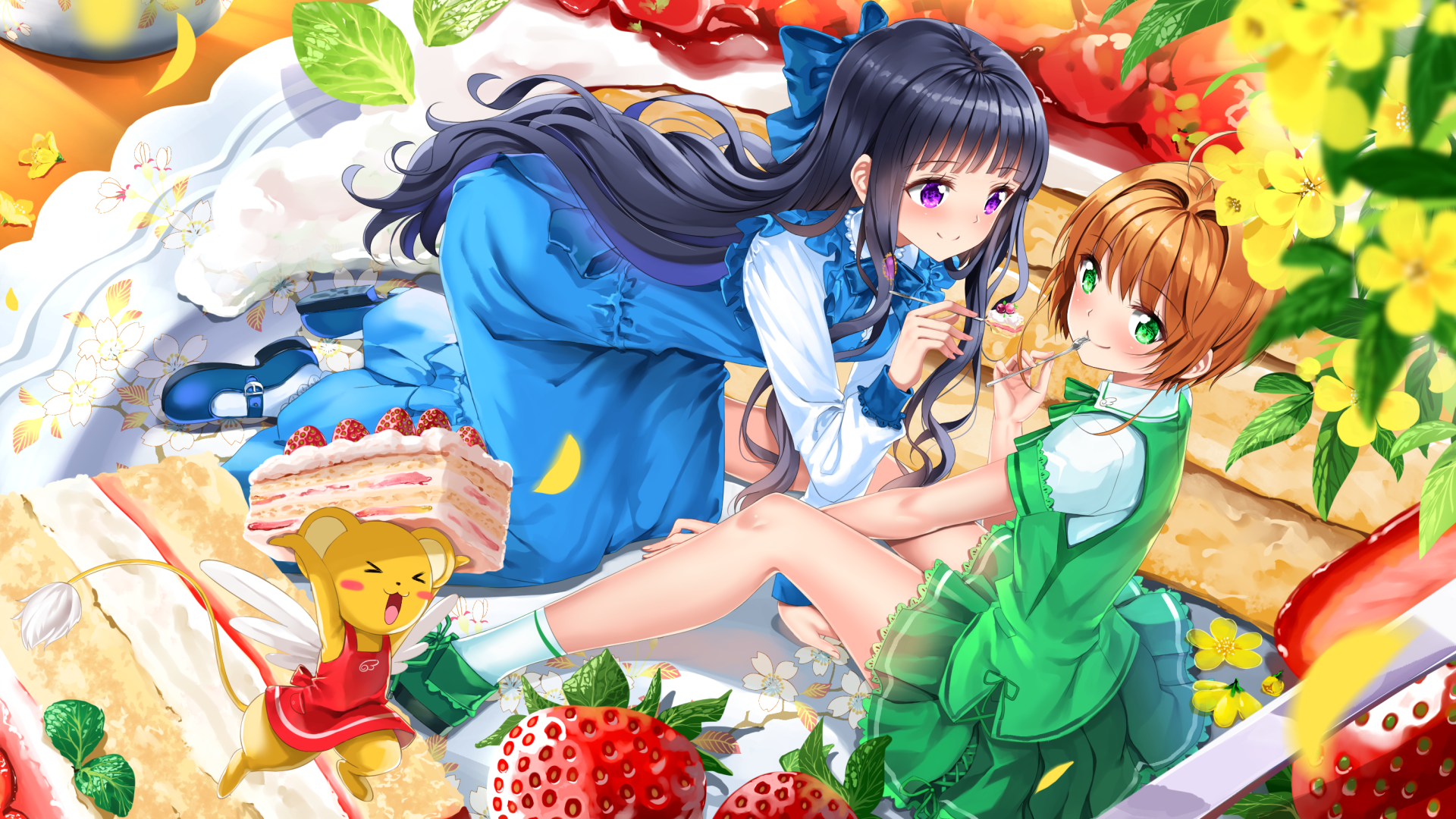 Keroberos and two girls with cake HD Wallpaper