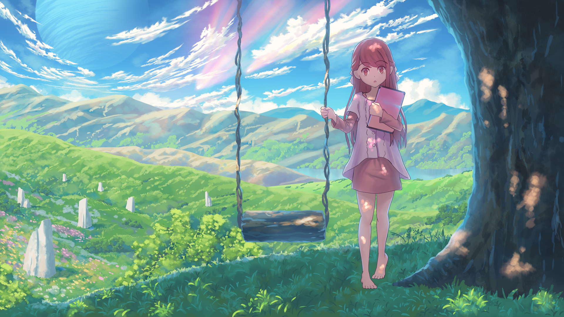 Rin from Shelter on a swing in a grassy landscape HD Wallpaper