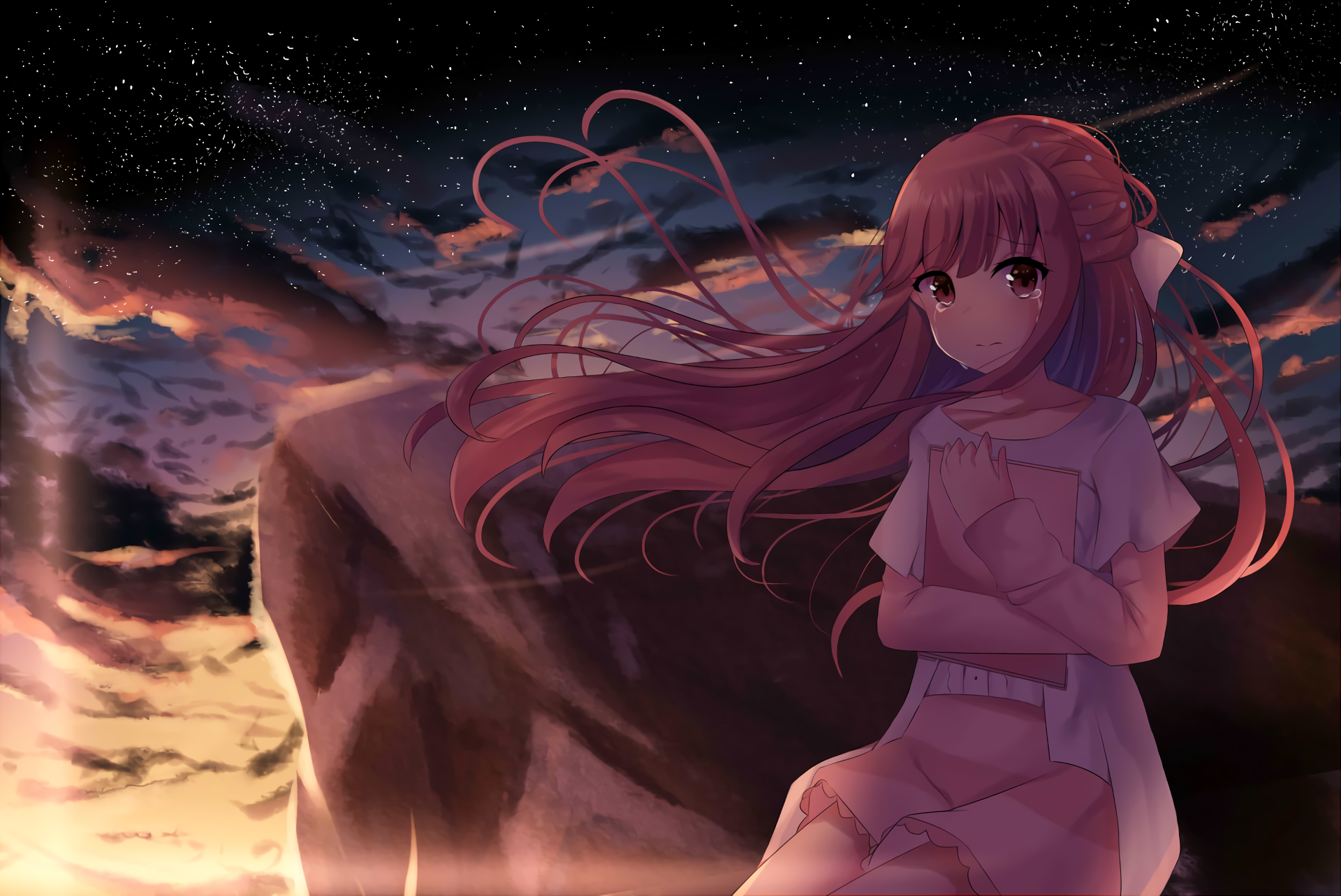 Rin from Shelter crying by a rock at night HD Wallpaper