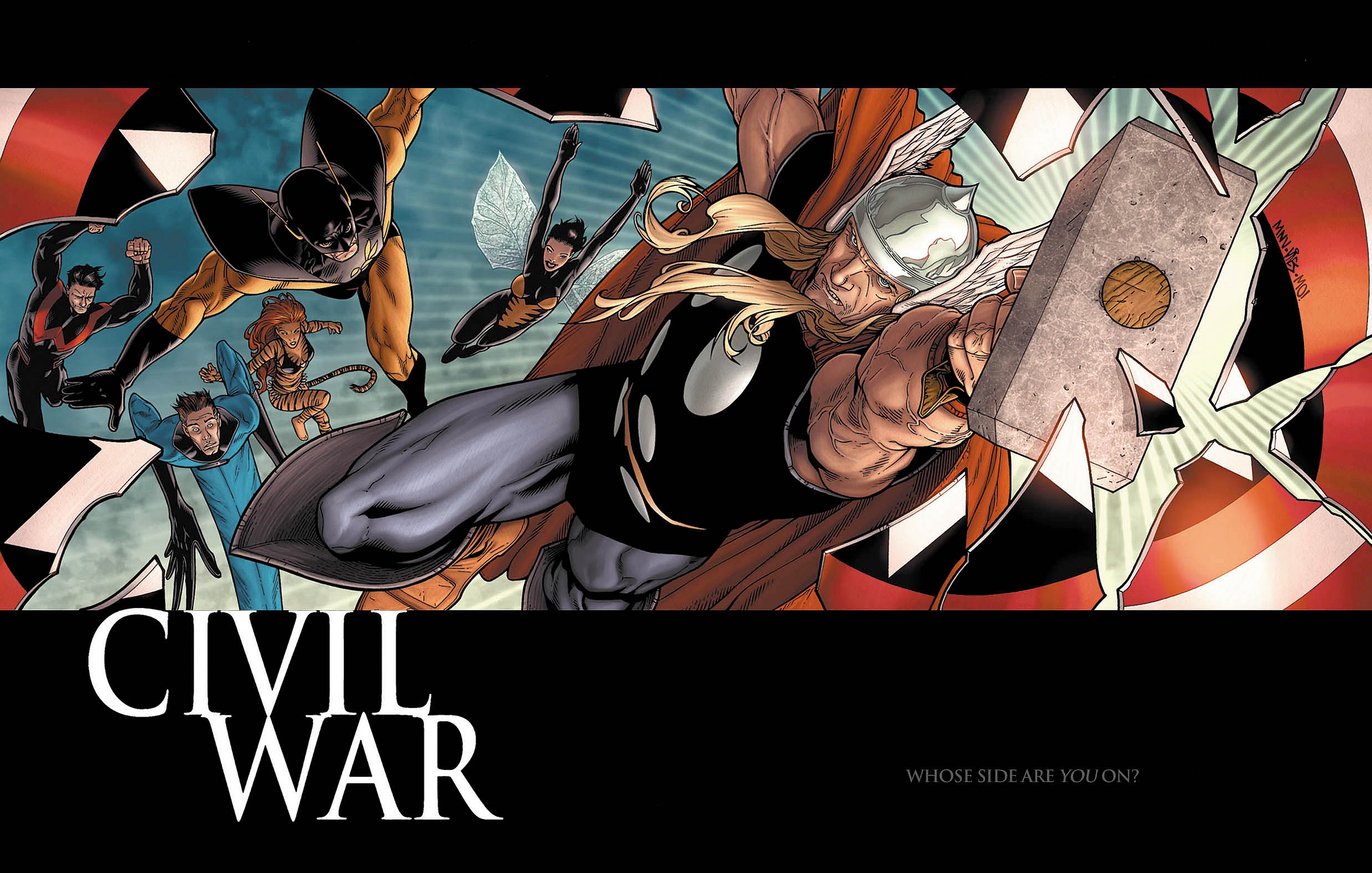 Civil War comic art with Thor and other Marvel characters HD Wallpaper