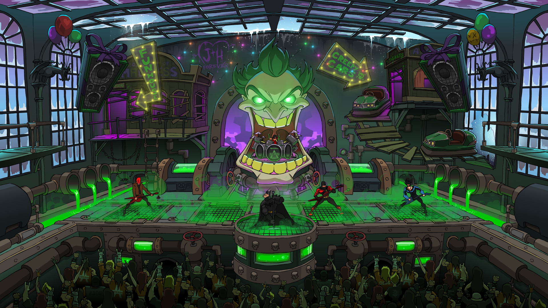 Batman and band performing at Joker's Funhouse HD Wallpaper