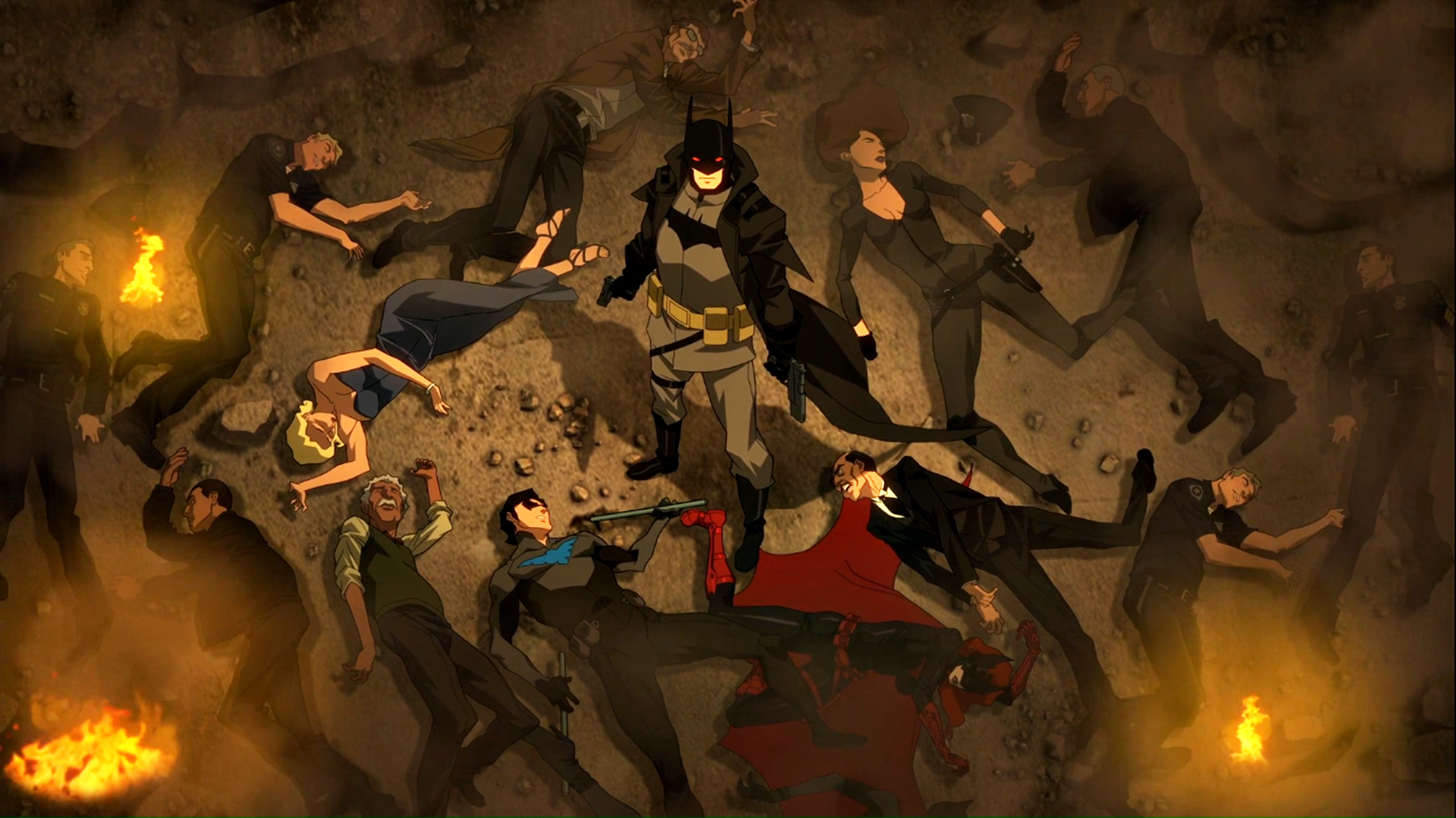 Batman and Nightwing with fallen figures HD Wallpaper