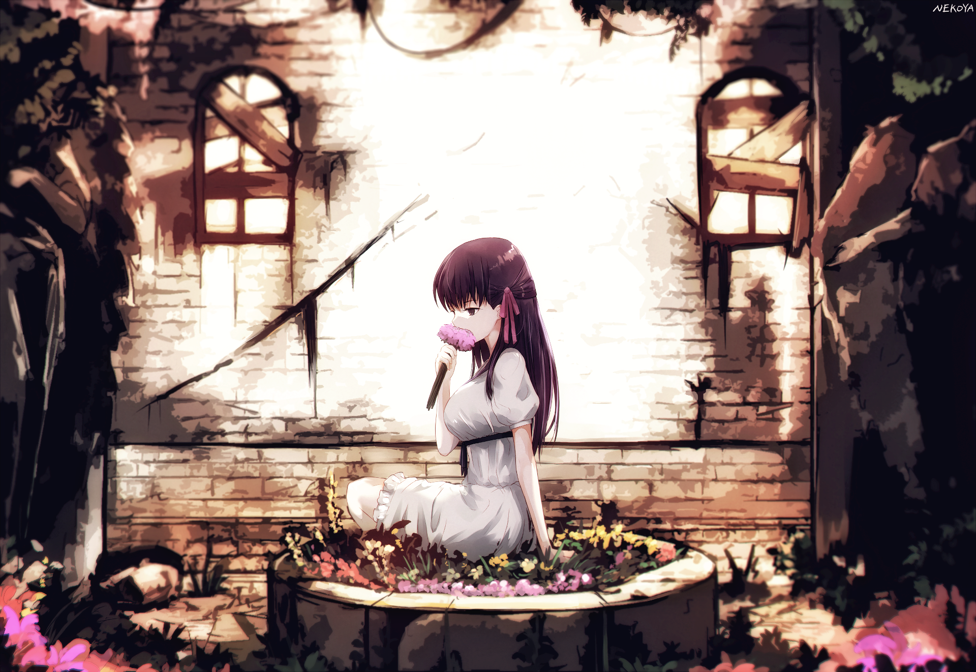 Sakura Matou in a garden HD Wallpaper