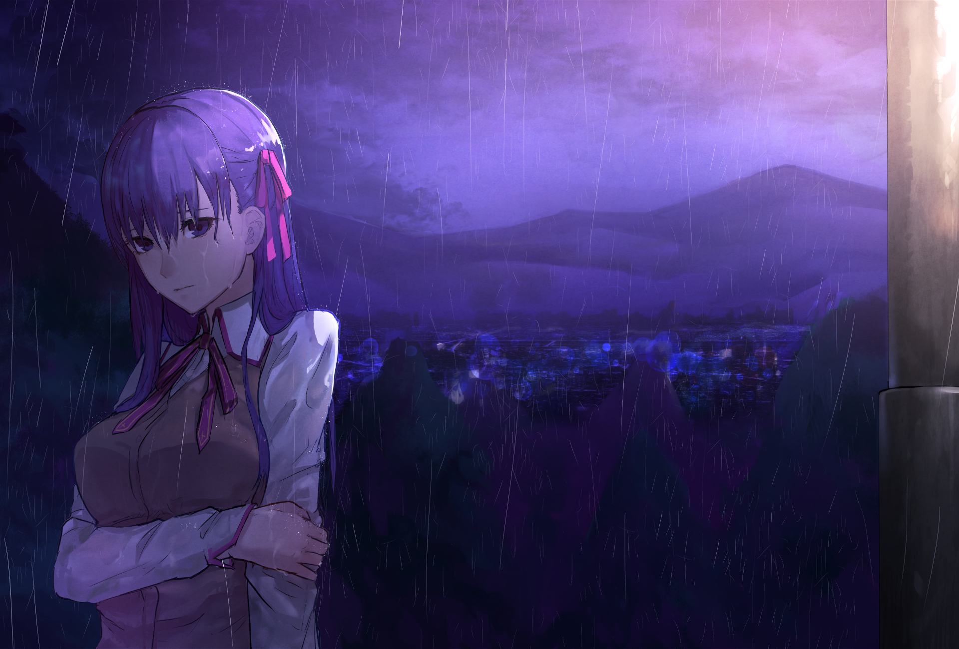 Sakura Matou in the rain HD Wallpaper