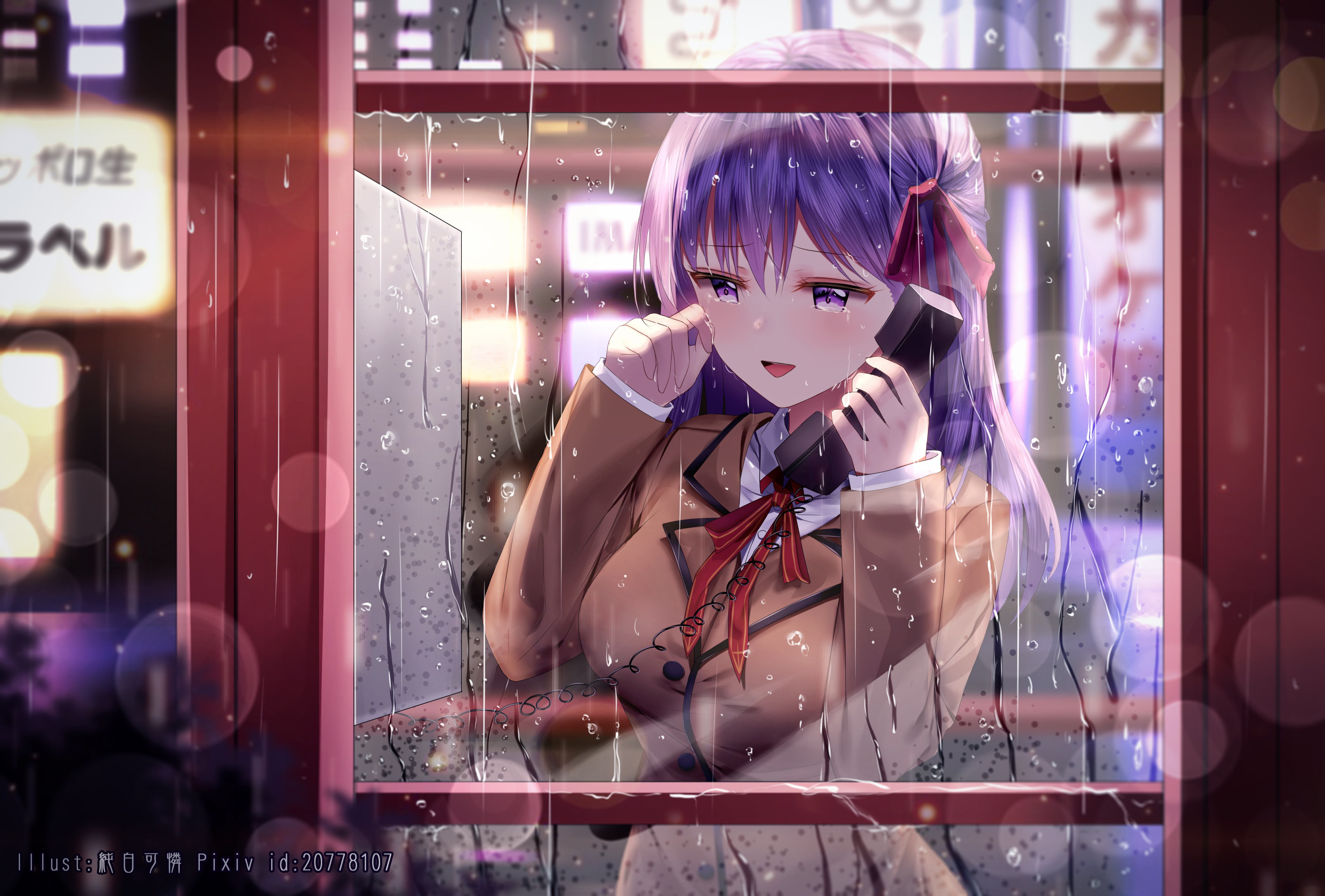Sakura Matou in a phone booth on a rainy night HD Wallpaper