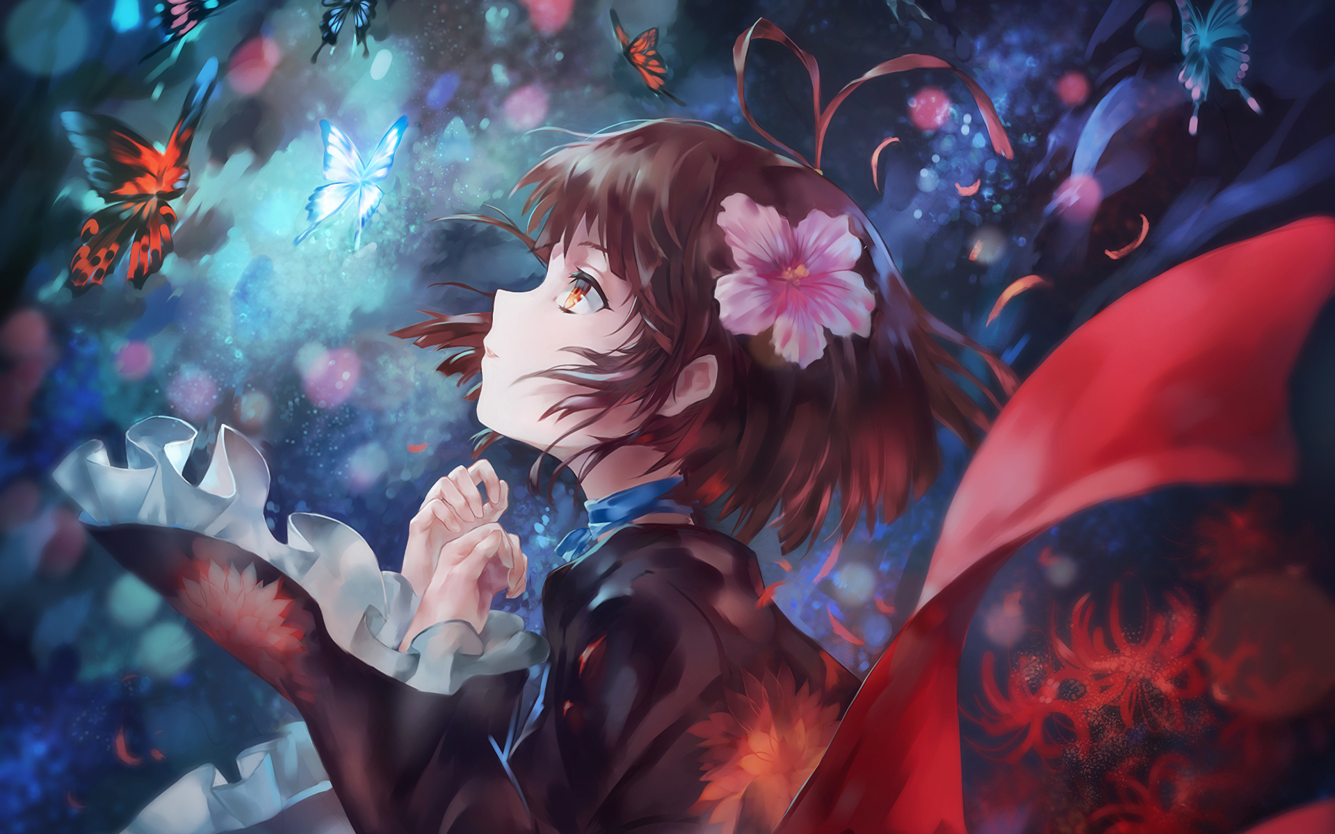 Girl with butterflies and flower in hair HD Wallpaper
