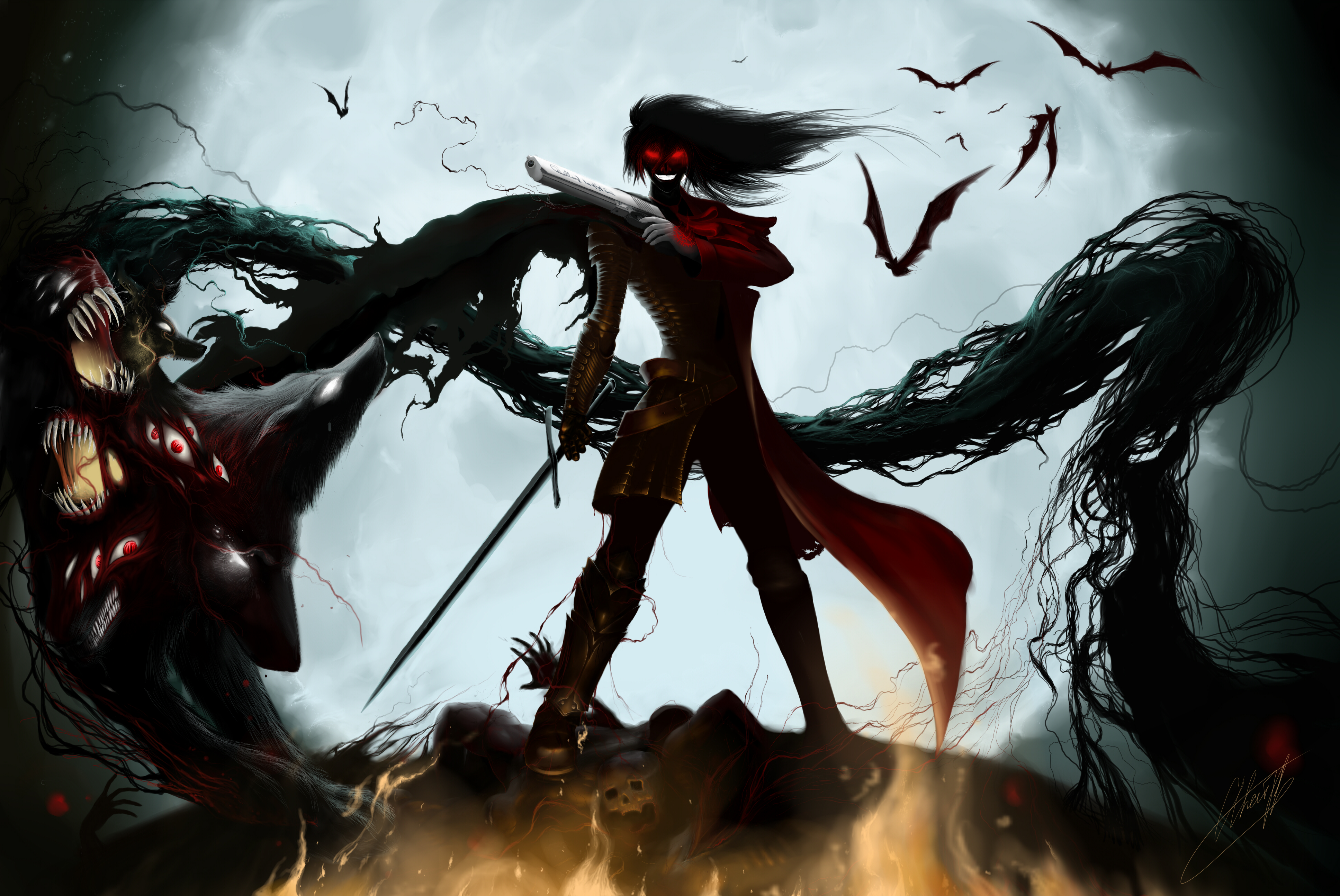 Alucard from Hellsing fighting a monster HD Wallpaper