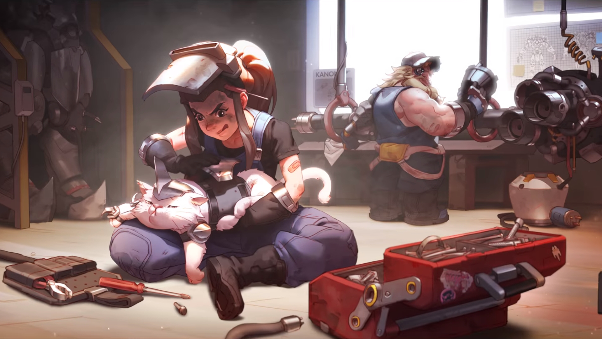 Brigitte and Torbjörn from Overwatch in a workshop HD Wallpaper