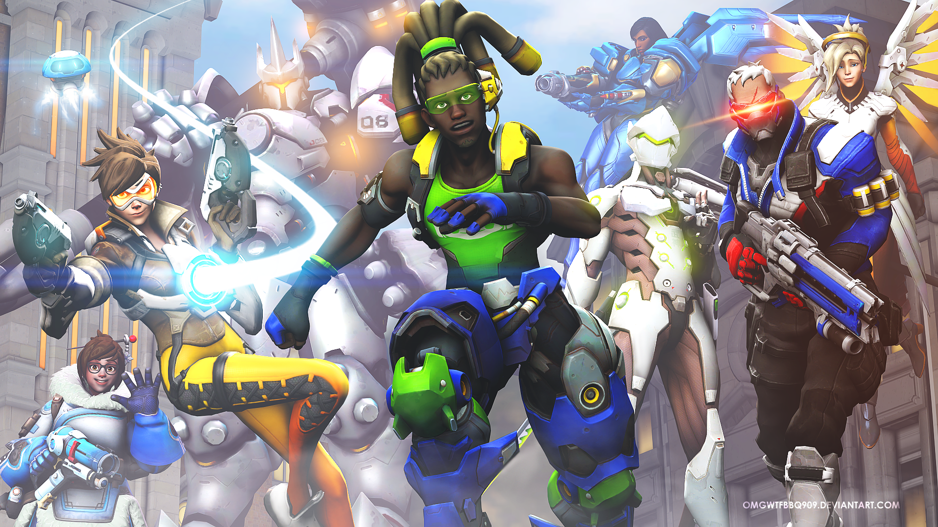 Overwatch characters: Tracer, Lúcio, Soldier: 76, Mercy, Genji, Reinhardt, and Mei HD Wallpaper