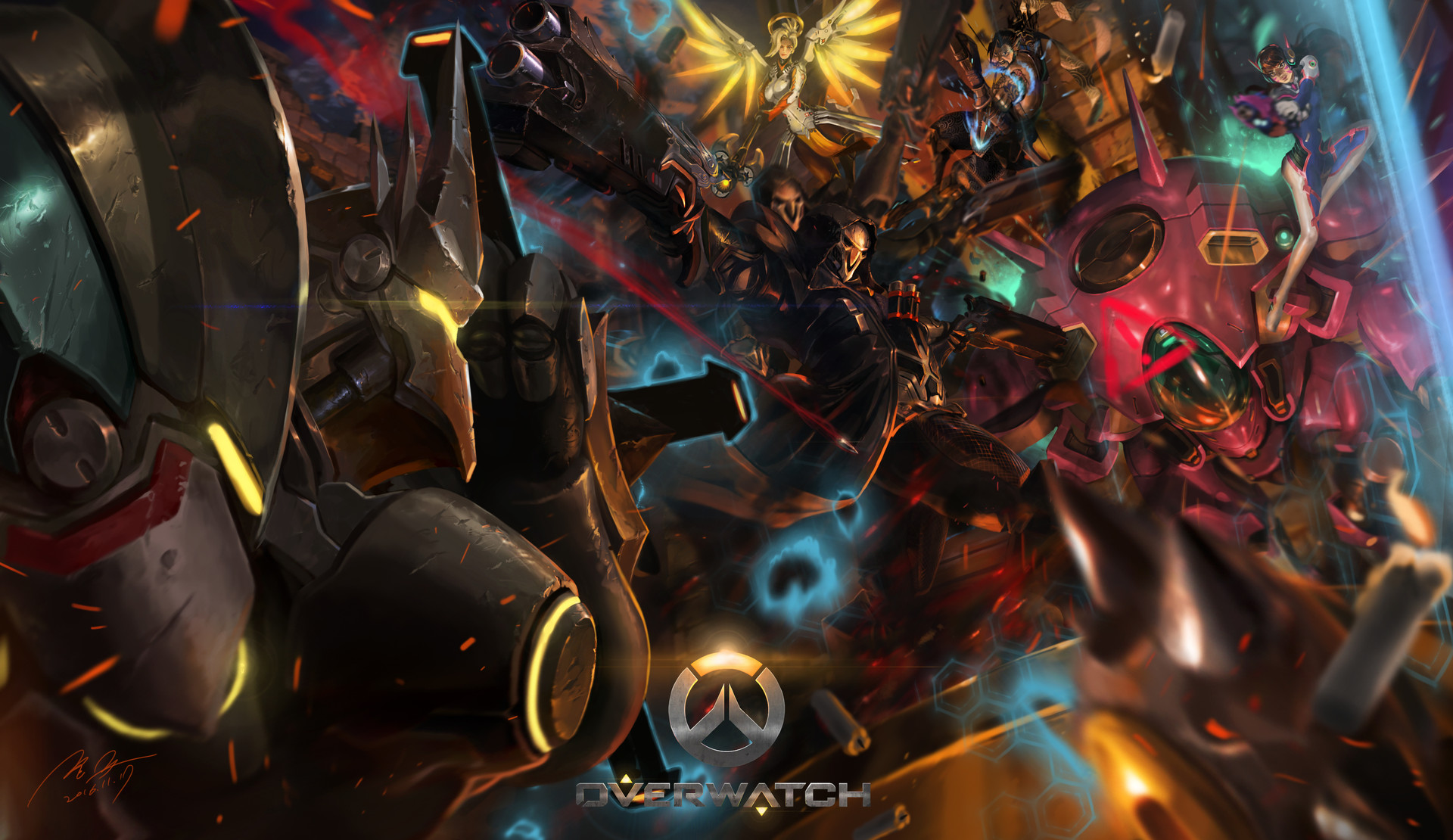 Overwatch characters in battle scene HD Wallpaper