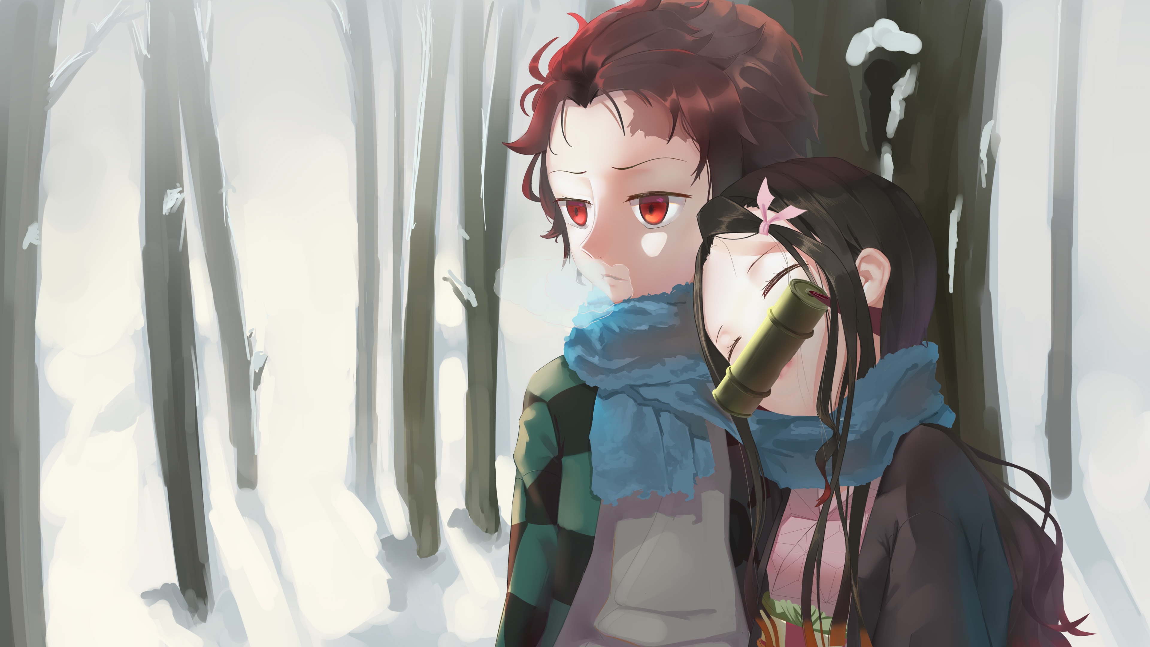 Tanjirou and Nezuko from Demon Slayer in a snowy forest HD Wallpaper