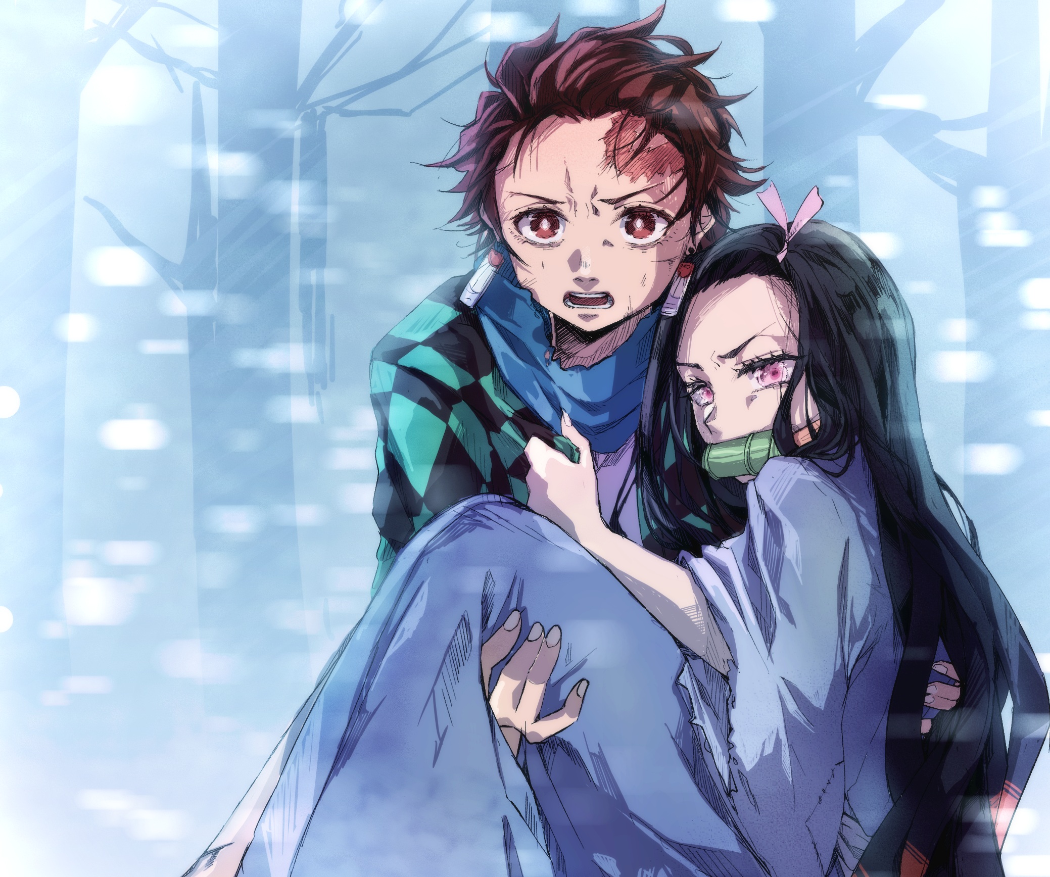 Tanjiro Kamado carrying Nezuko Kamado HD Wallpaper