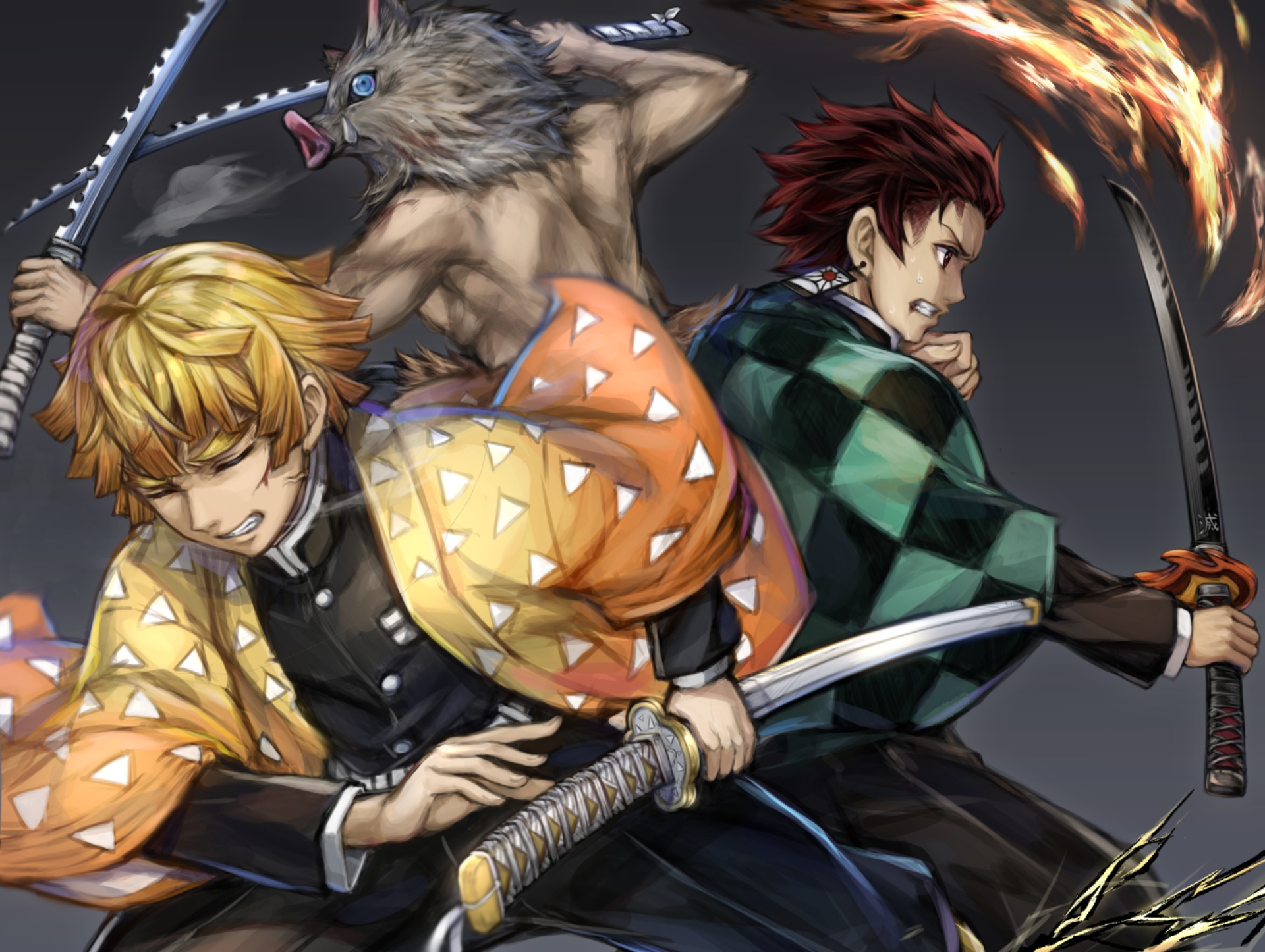 Demon Slayer: Tanjiro, Zenitsu, and Inosuke HD Wallpaper