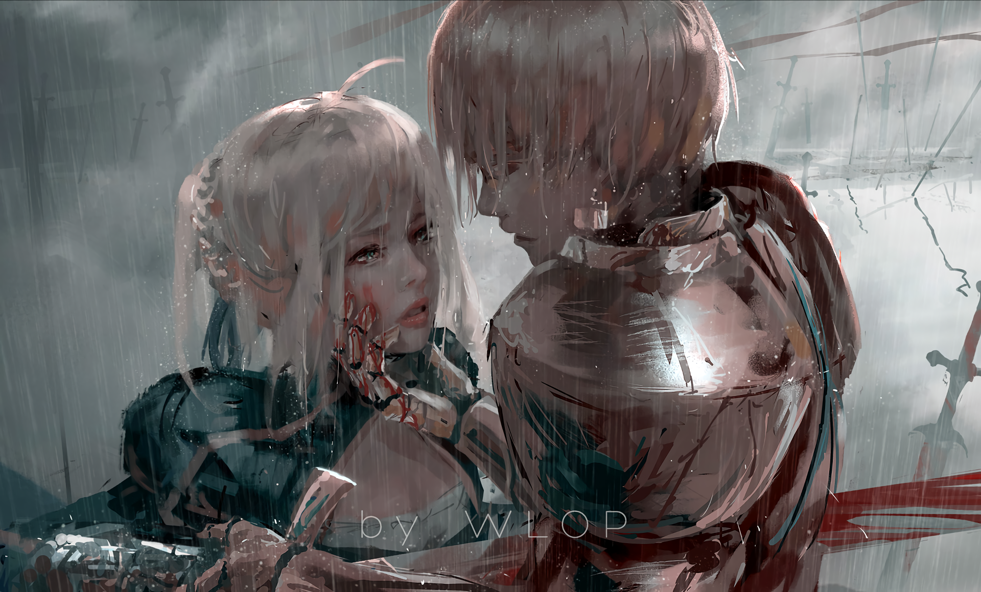 Saber and Gilgamesh in the rain HD Wallpaper