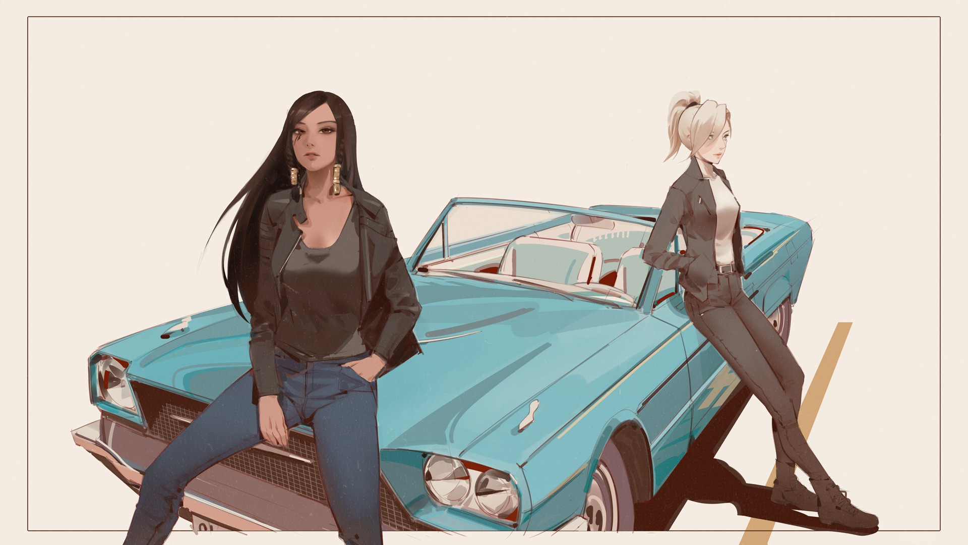 Pharah from Overwatch and a woman by a car HD Wallpaper