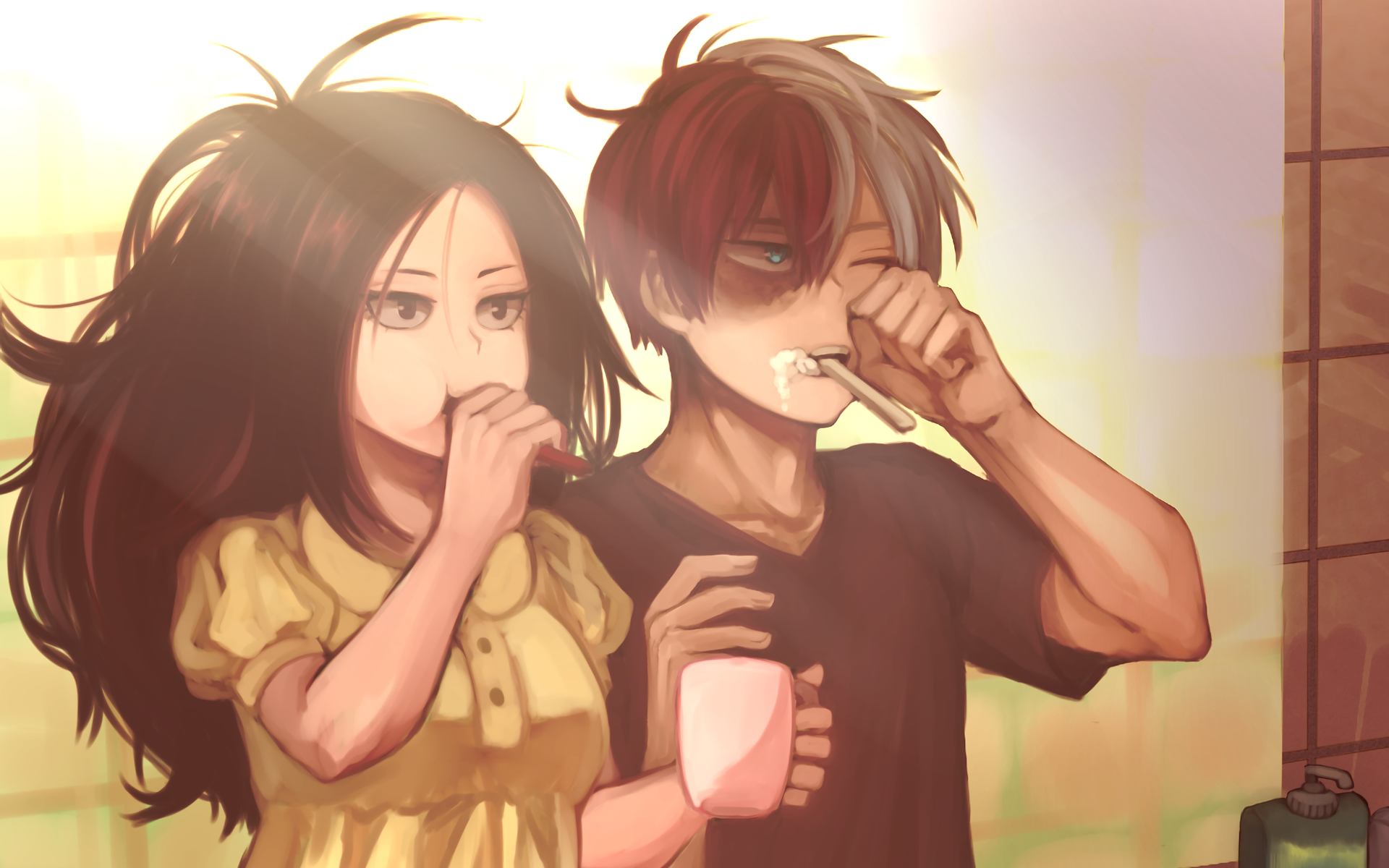 Momo Yaoyorozu and Shoto Todoroki brushing teeth HD Wallpaper