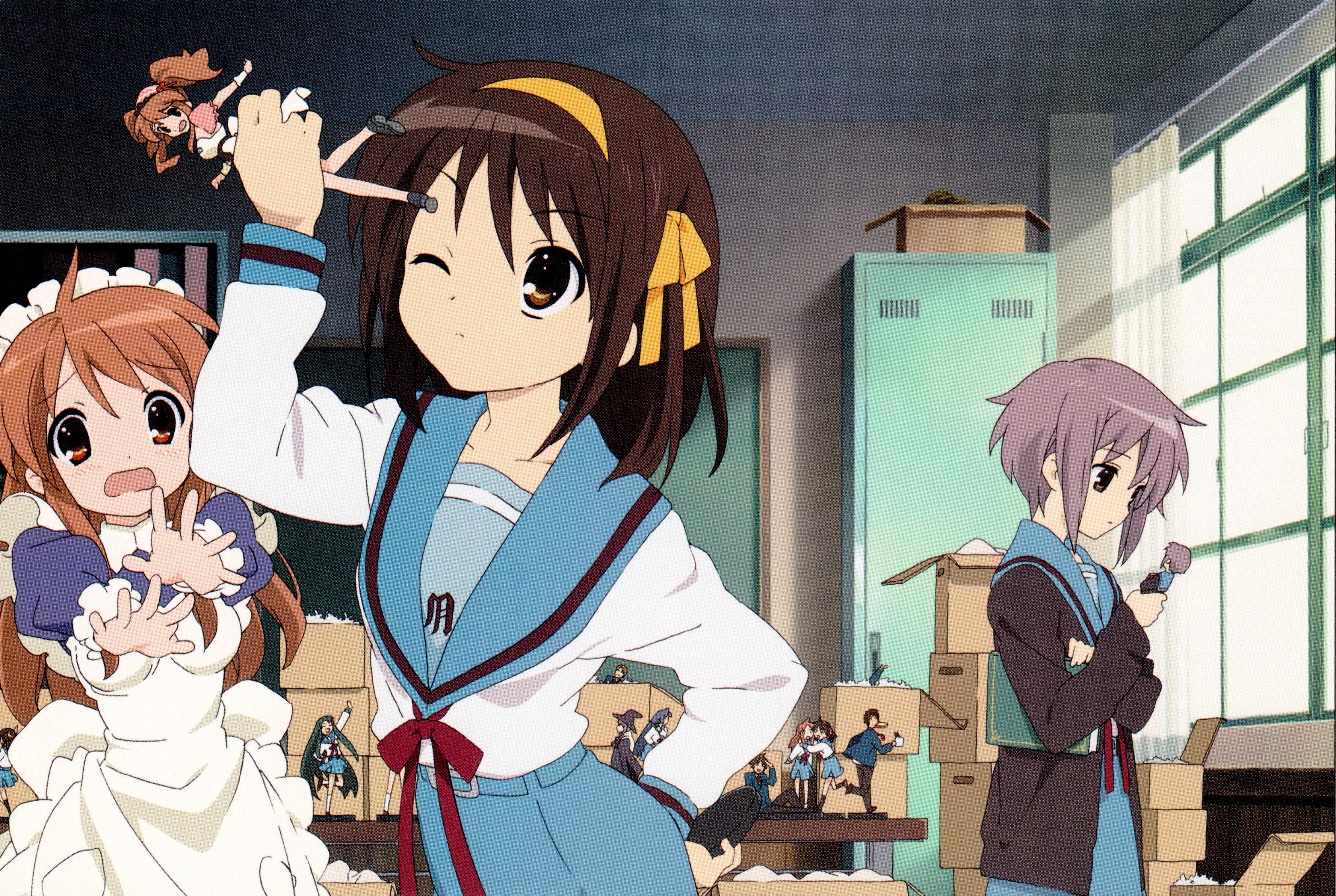 The Melancholy of Haruhi Suzumiya characters with figurines HD Wallpaper
