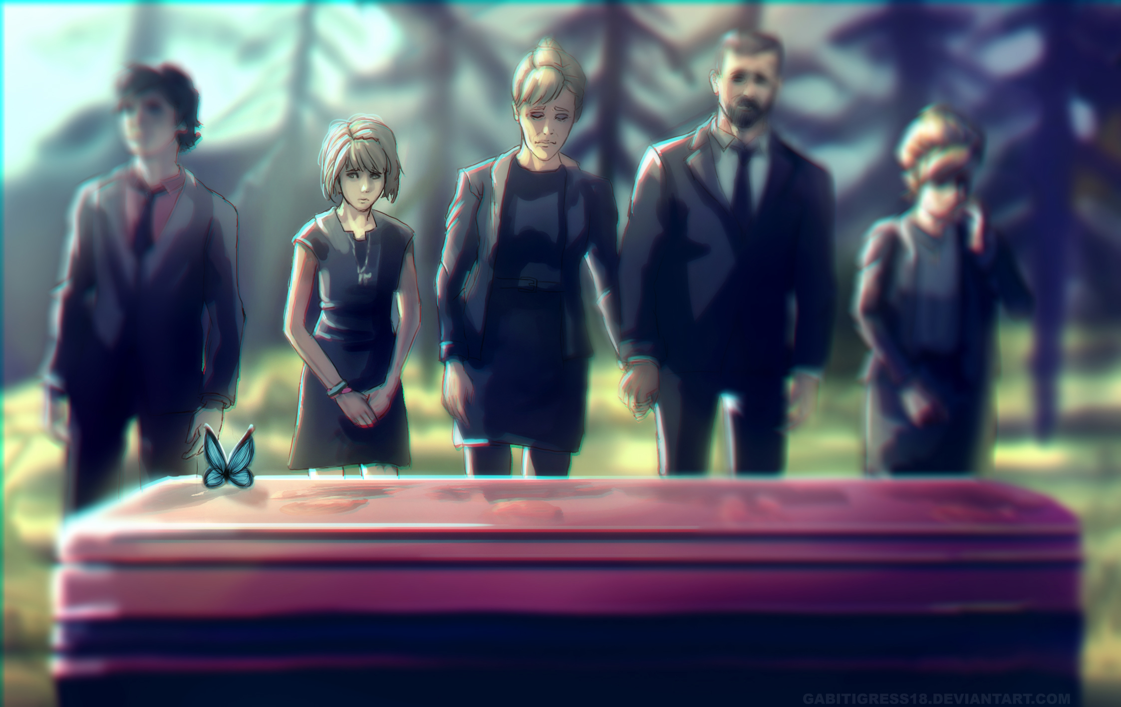 Maxine Caulfield and mourners at a funeral HD Wallpaper
