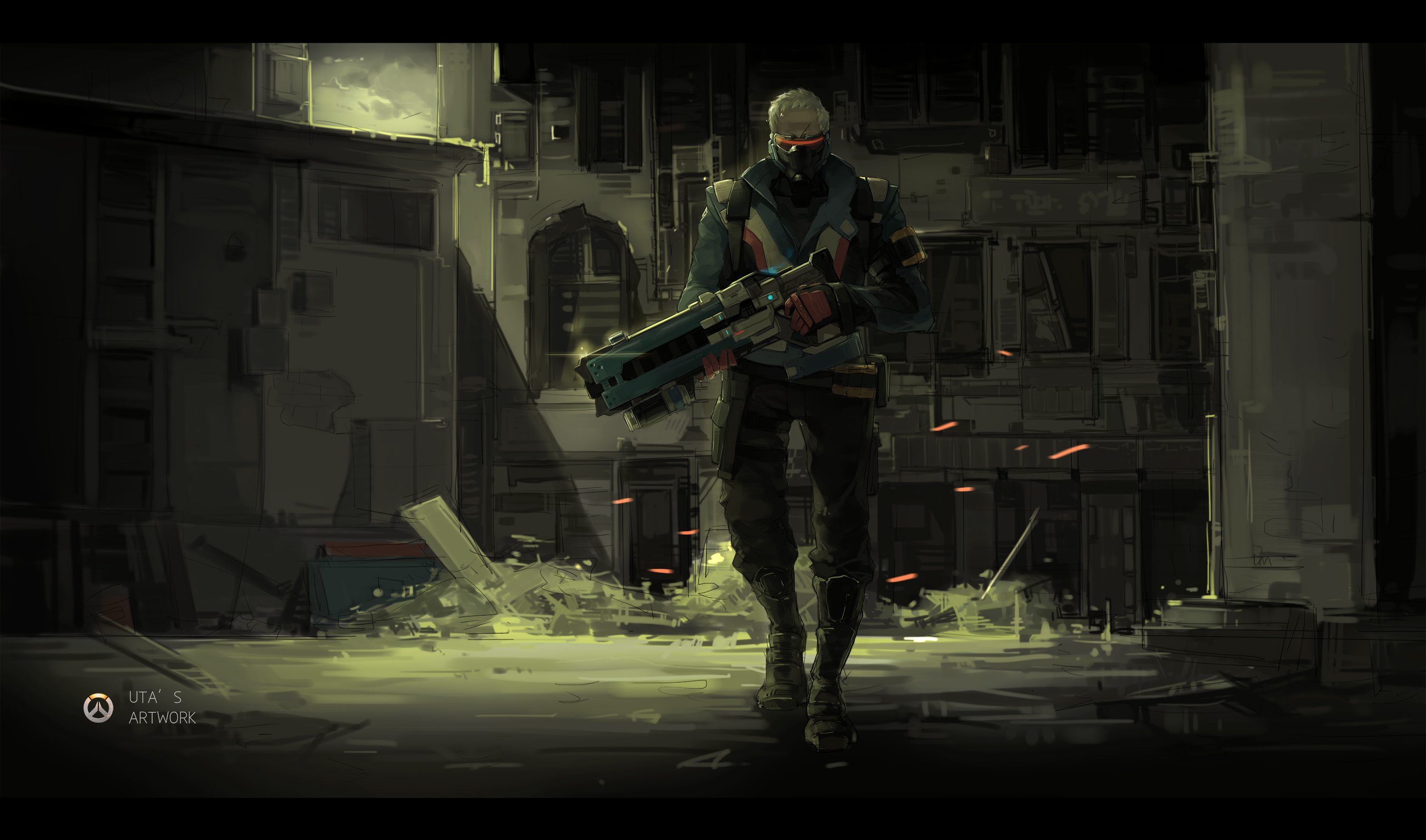 Soldier: 76 from Overwatch in a destroyed city HD Wallpaper
