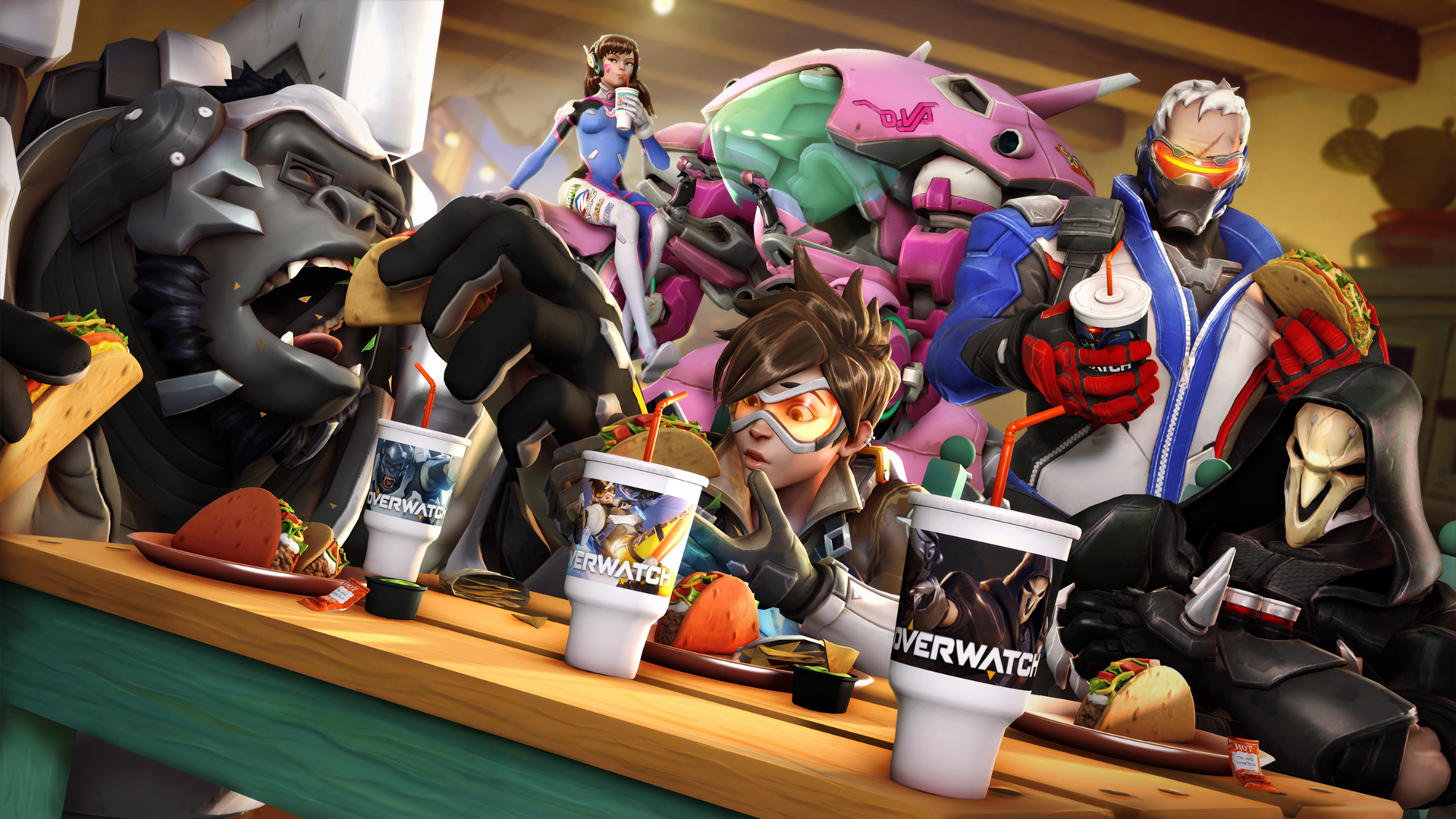 Overwatch characters eating tacos HD Wallpaper