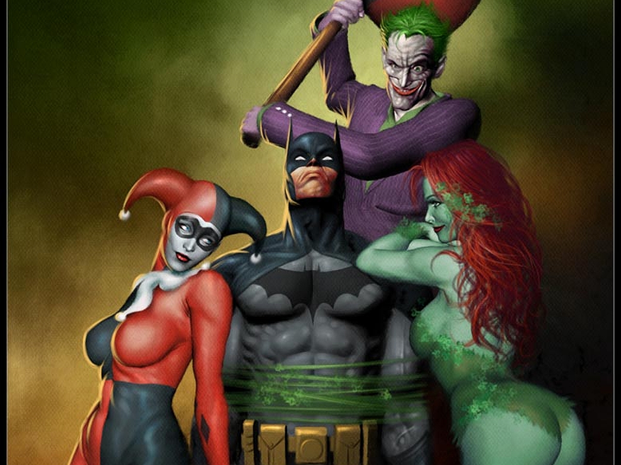 Batman, Joker, Harley Quinn, and Poison Ivy HD Wallpaper