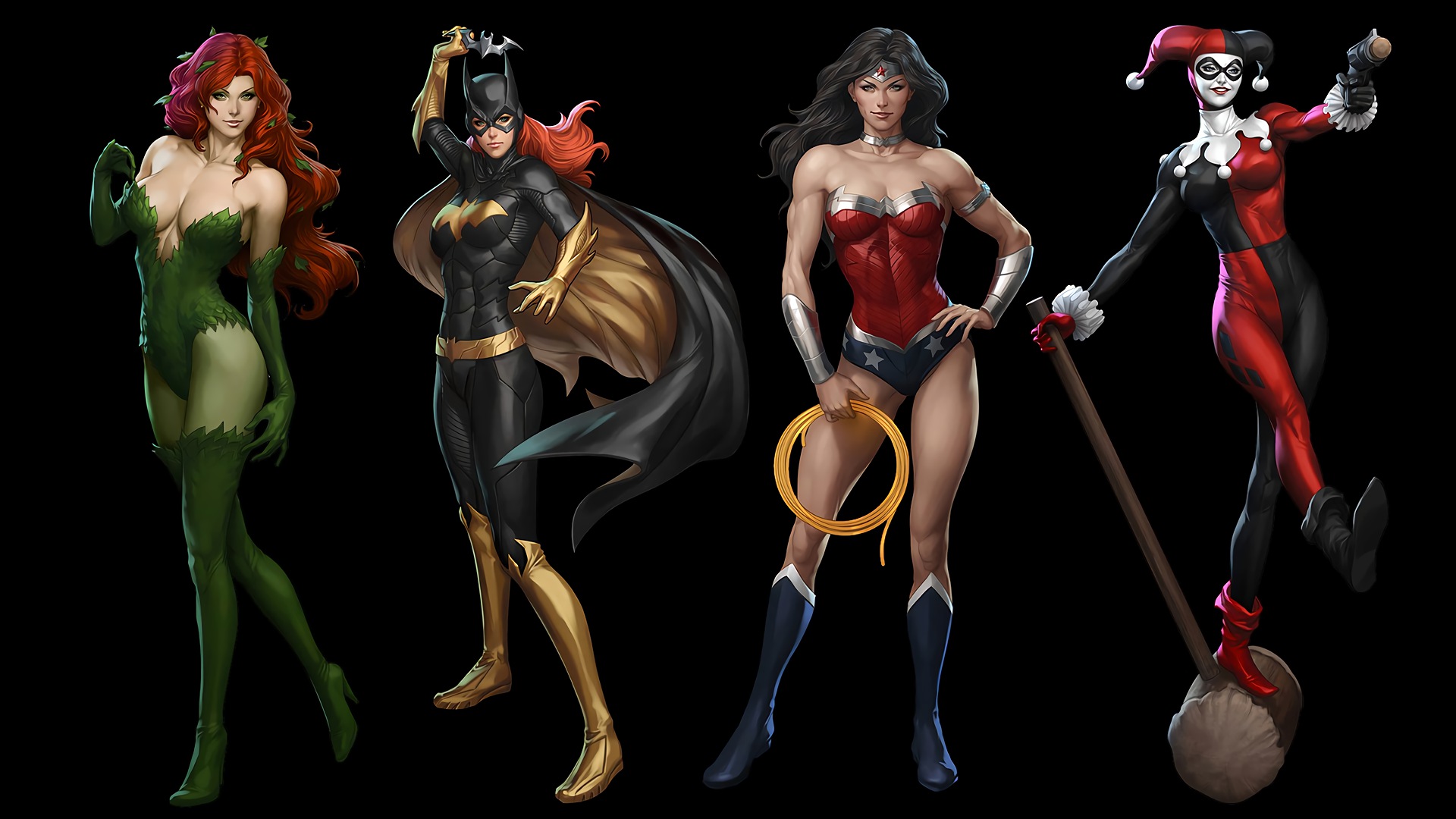 Poison Ivy, Batgirl, Wonder Woman, and Harley Quinn HD Wallpaper