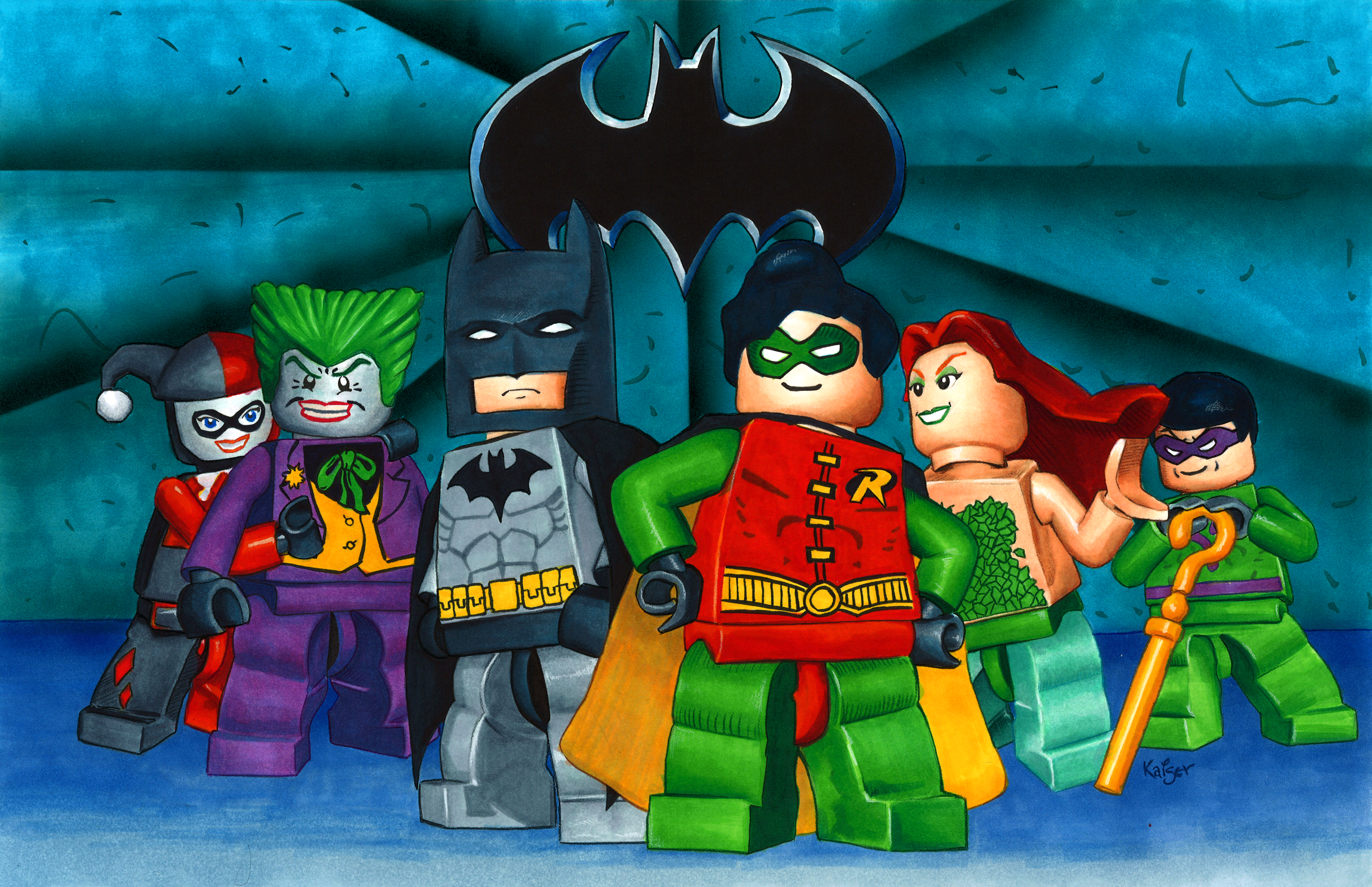 Lego Batman characters including Joker, Harley Quinn, Robin, Poison Ivy, Riddler, and Batman HD Wallpaper
