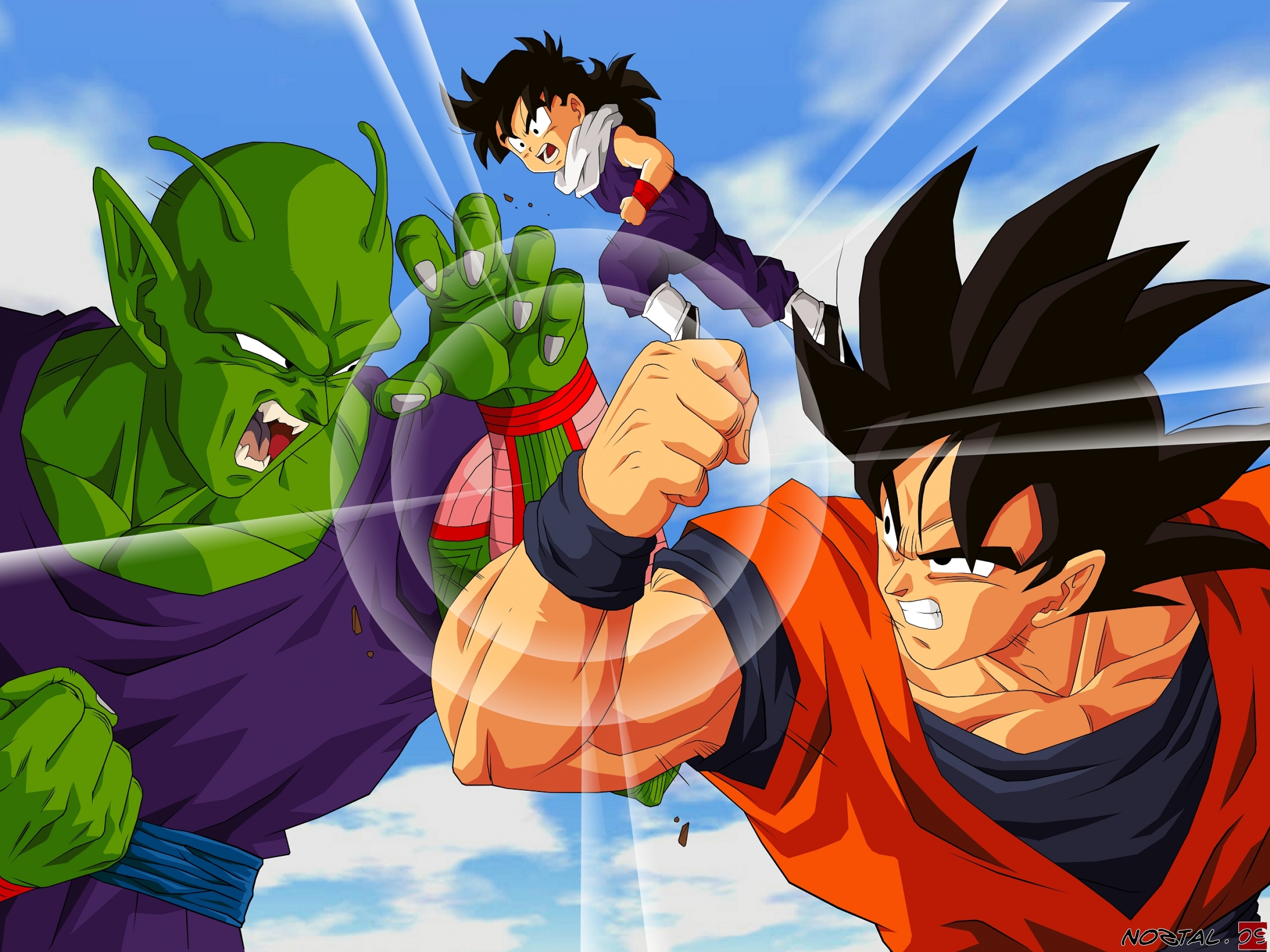 Goku and Piccolo fighting with Gohan in the background from Dragon Ball HD Wallpaper