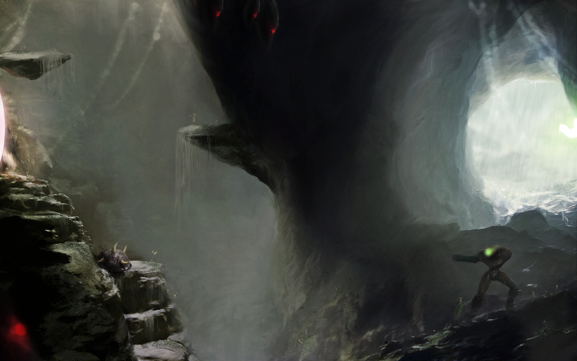 Samus Aran in a dark cave HD Wallpaper
