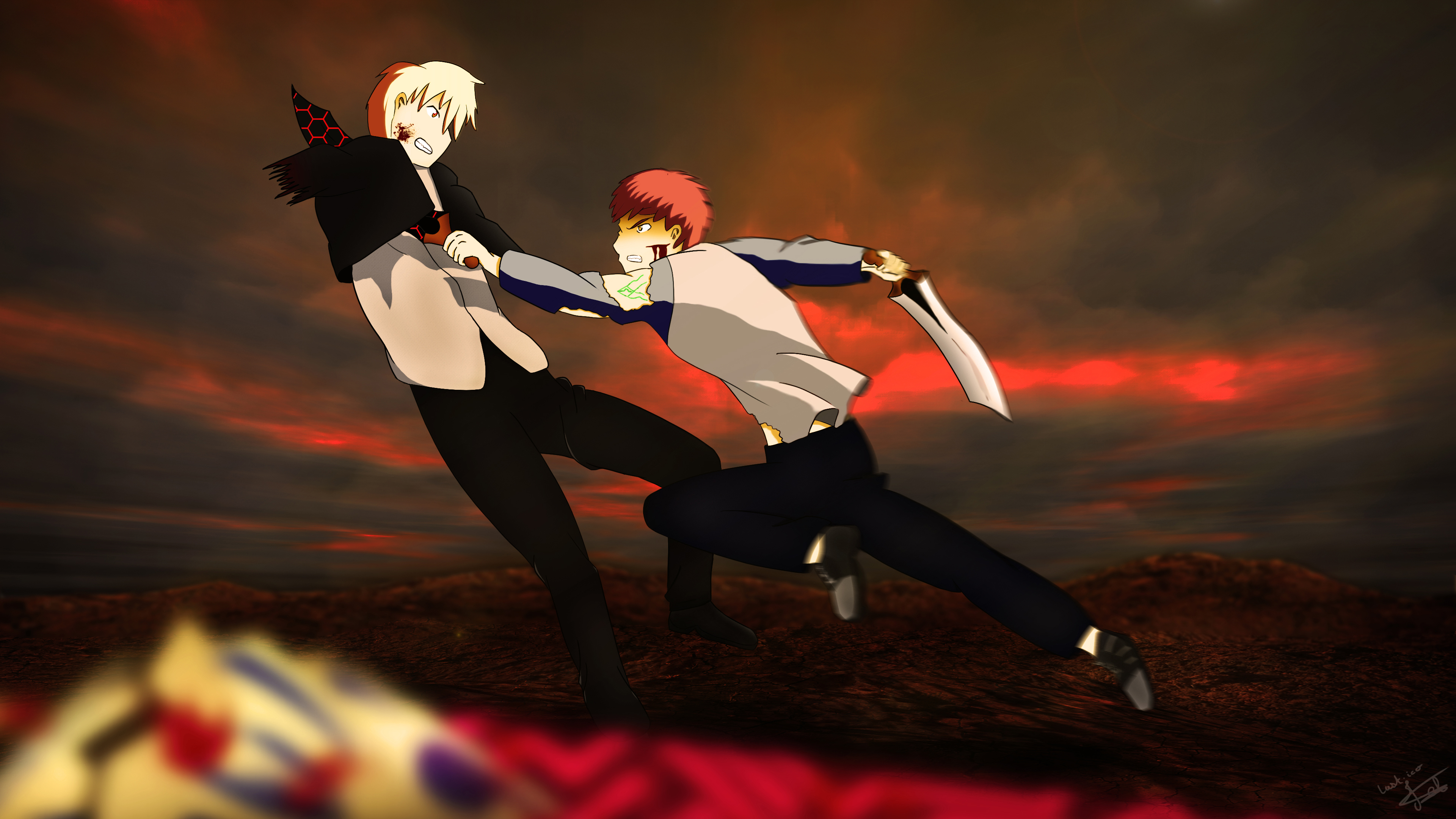 Shirou Emiya fighting in a desolate landscape HD Wallpaper