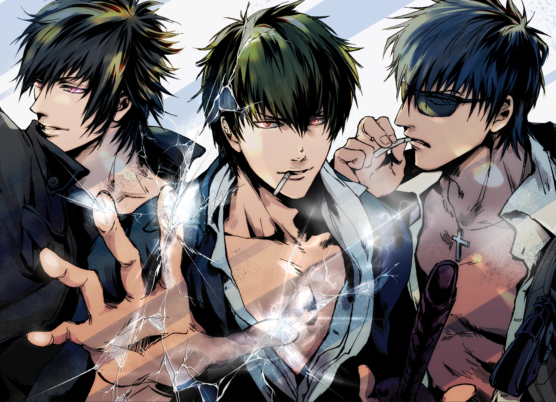 Three men with dark hair and intense eyes HD Wallpaper