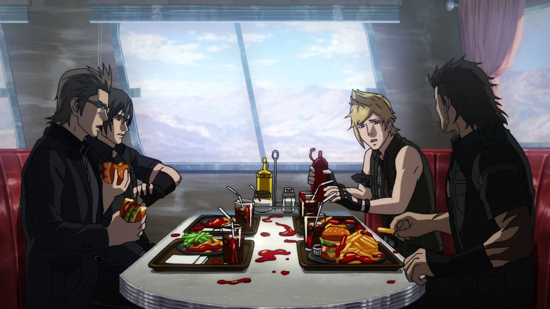 Characters from Final Fantasy XV eating at a diner HD Wallpaper