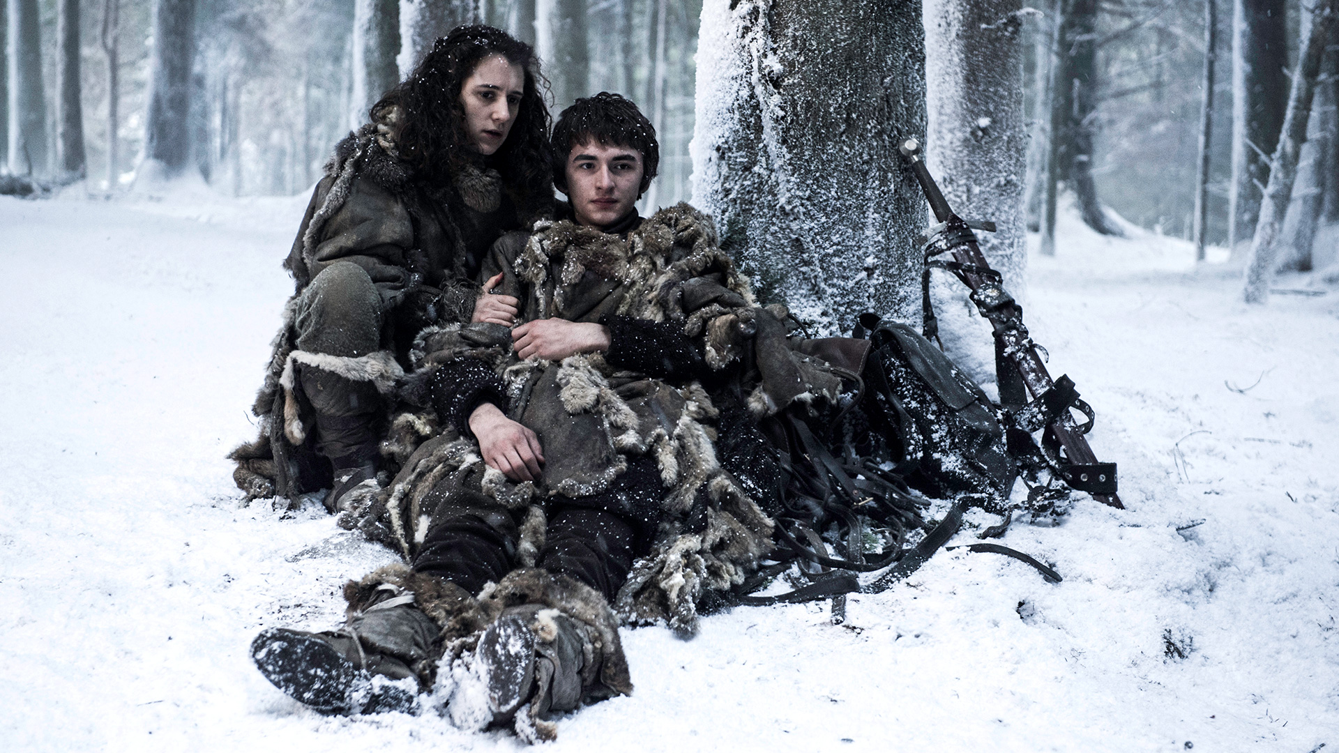 Bran Stark and Meera Reed in a snowy forest HD Wallpaper