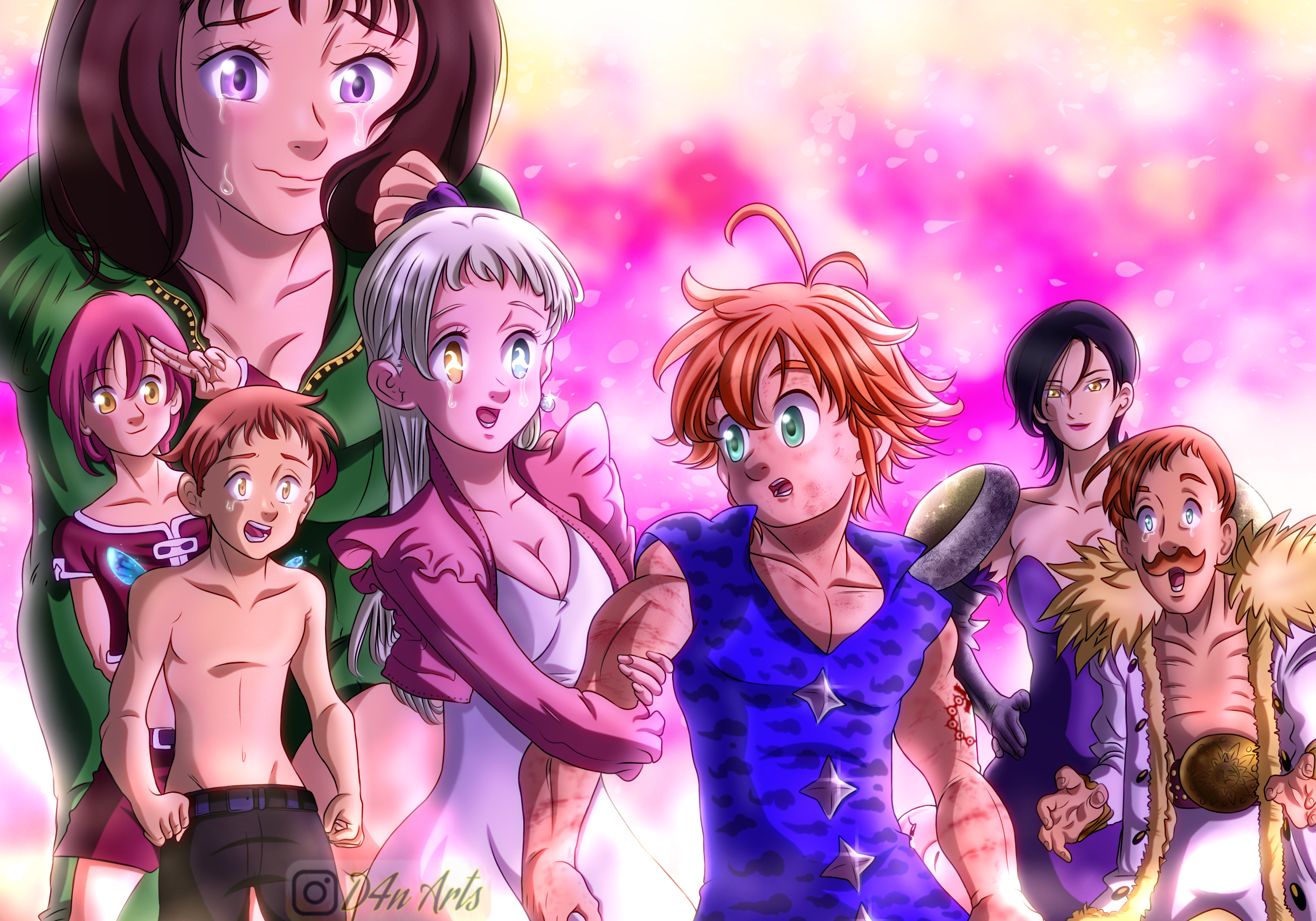 The Seven Deadly Sins characters in a pink floral background HD Wallpaper